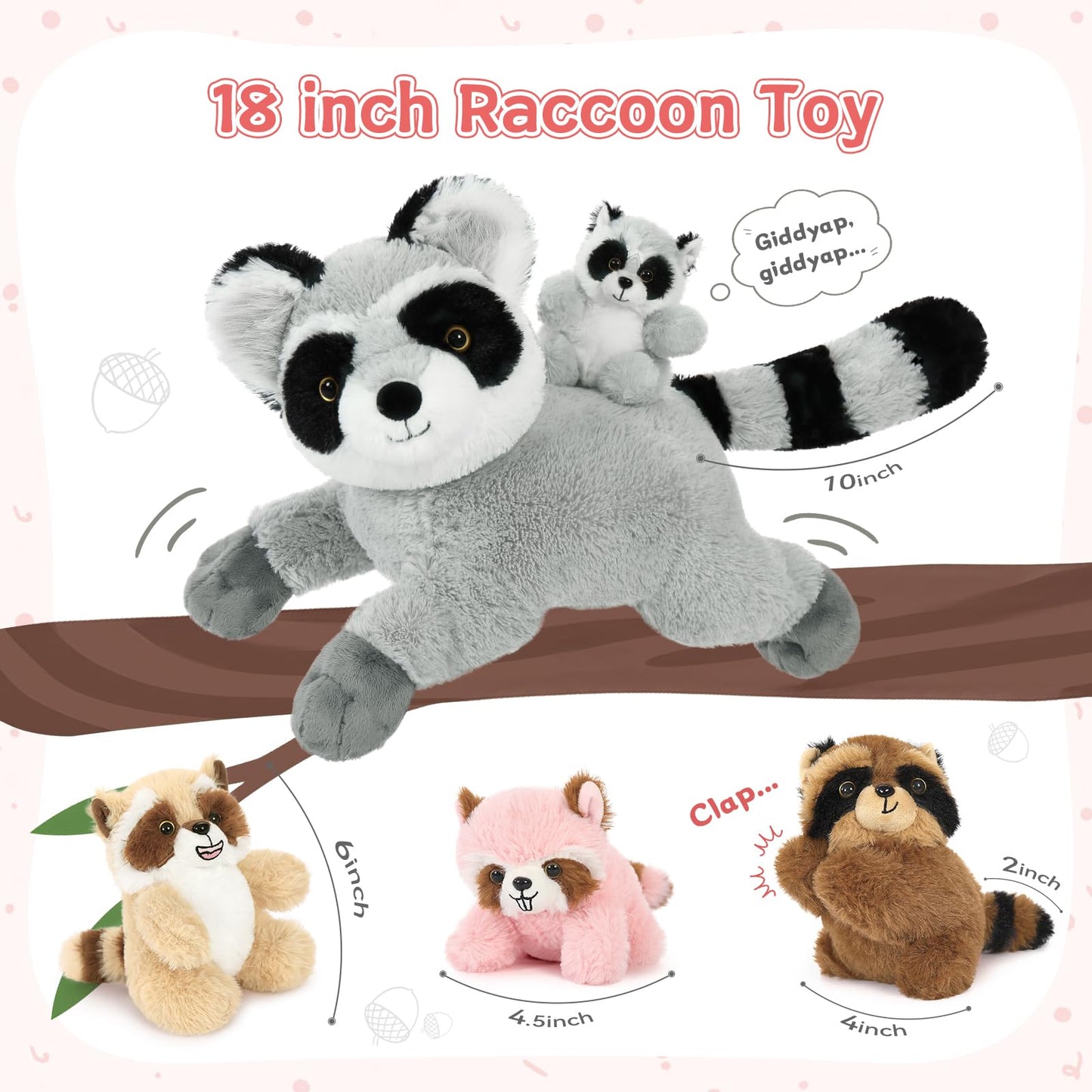 Tezituor 5 Pcs Giant Raccoon Stuffed Animal Set,18 Inches Raccoon Plushies With 4 Babies Woodland Farm Party Decor Soft Plush Raccoon Toy For Kids' Birthday Gifts