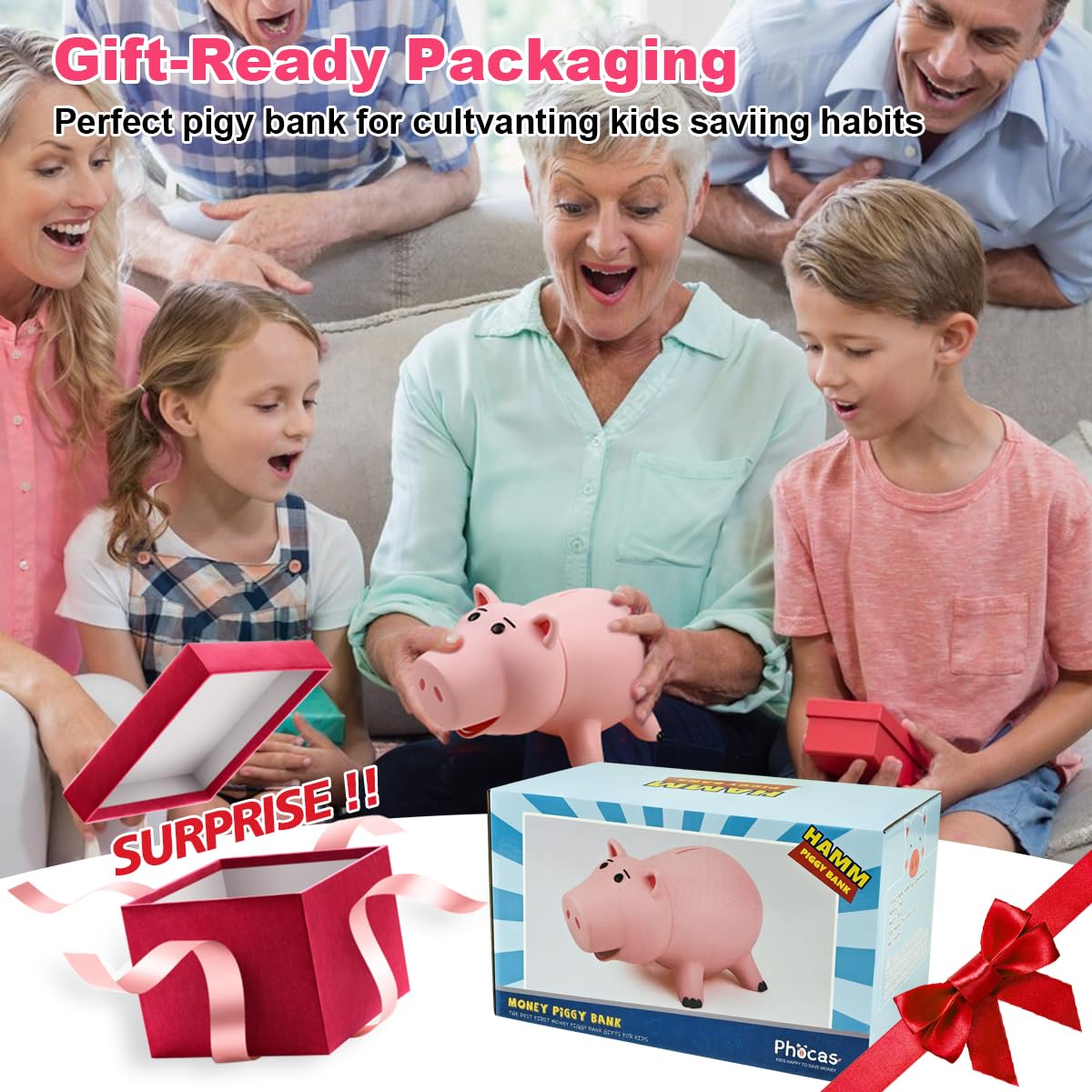 Phocas Piggy Bank, Cute Pink Plastic Coin Bank For Girls And Boys, Unbreakable Pig Money Bank For Xmas Christmas Birthday Gift