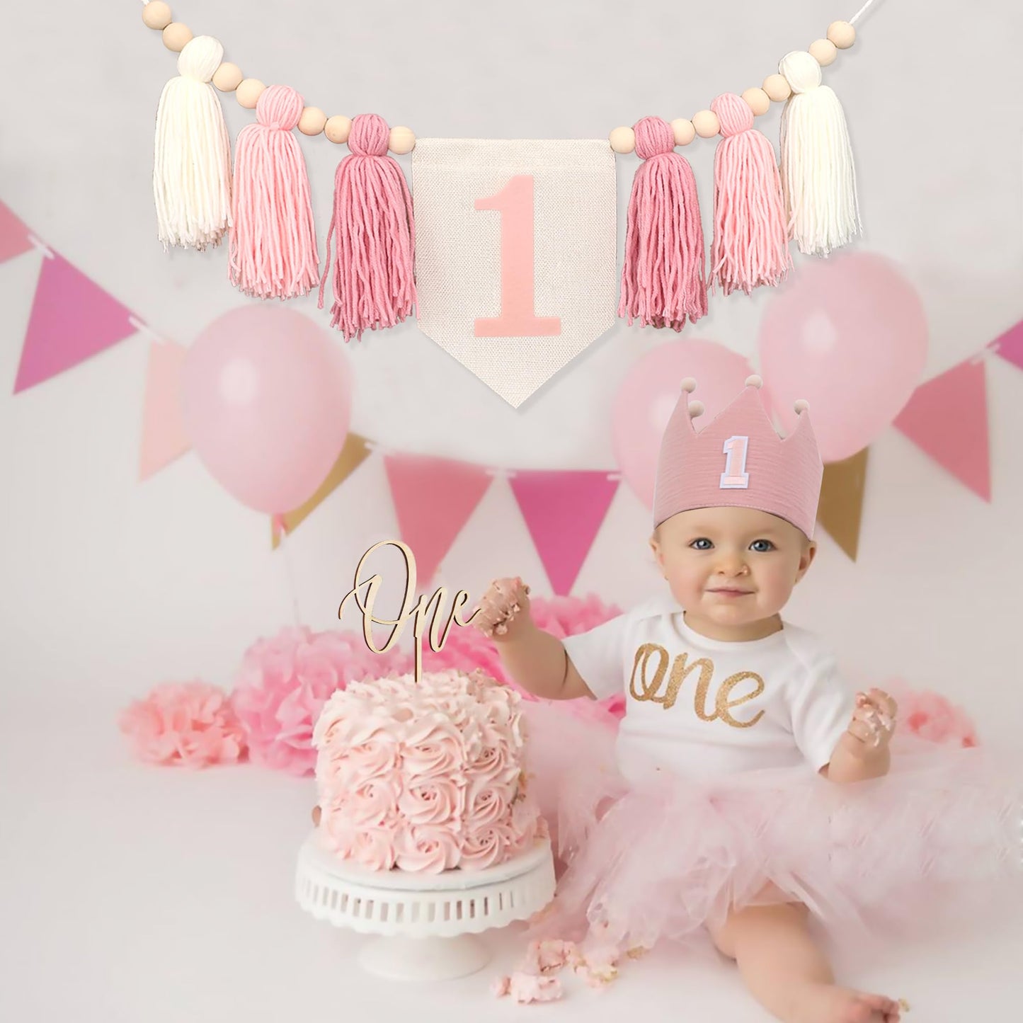 HODIHIWI Pink Baby Girl 1st High Chair Banner Wood Bead Tassel Garland Crown Hat Wooden Cake Topper Birthday Party Decorations