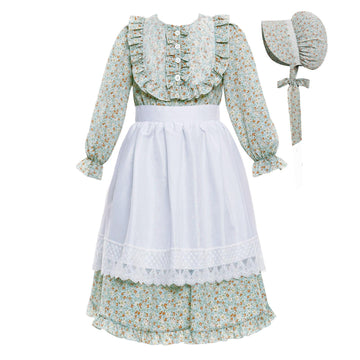 Vibsion Girls Pioneer Prairie Costume Pilgrim Dress Kids Floral Colonial Village Girl Costumes Bonnet Apron Set 3Pcs M