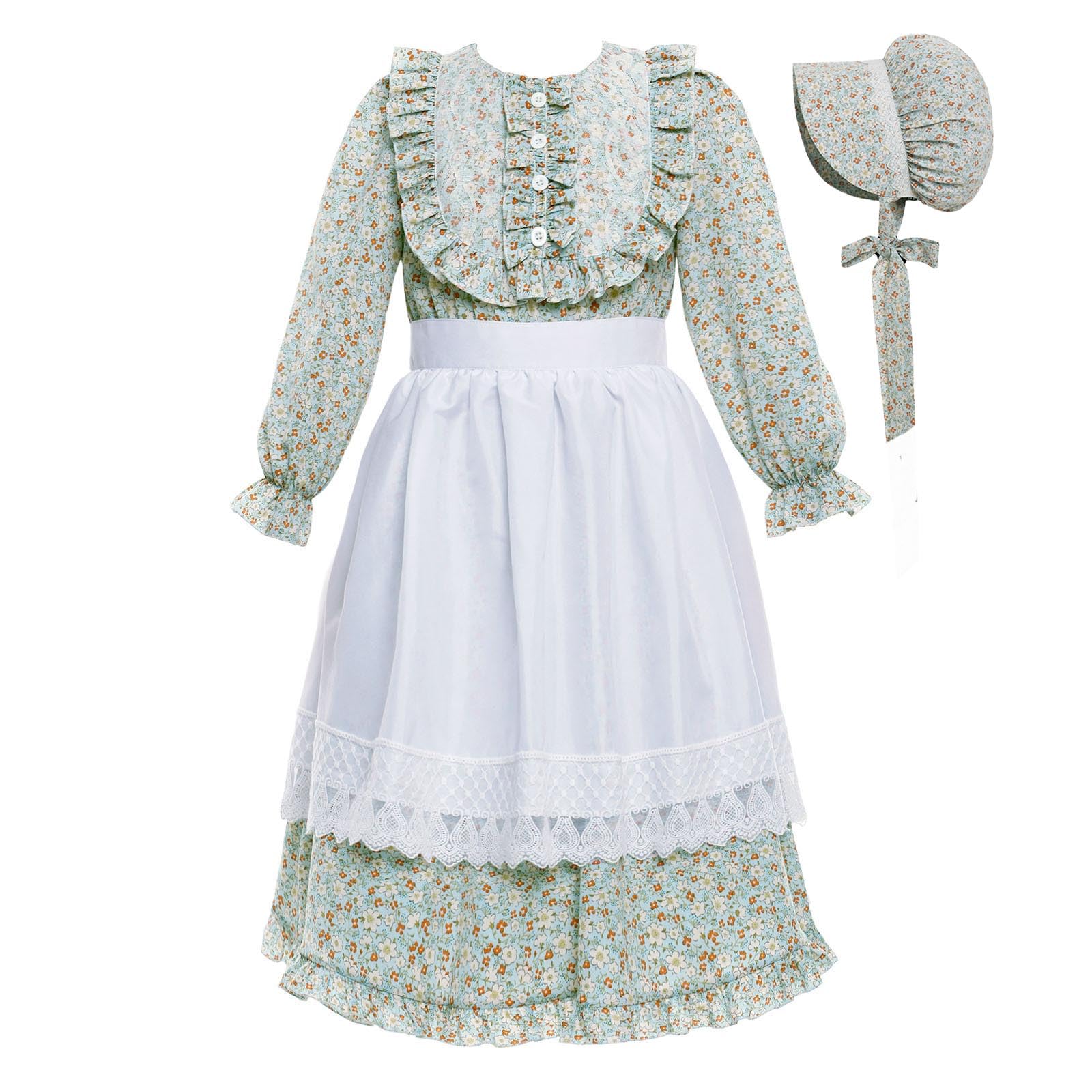 Vibsion Girls Pioneer Prairie Costume Pilgrim Dress Kids Floral Colonial Village Girl Costumes Bonnet Apron Set 3Pcs Xxl
