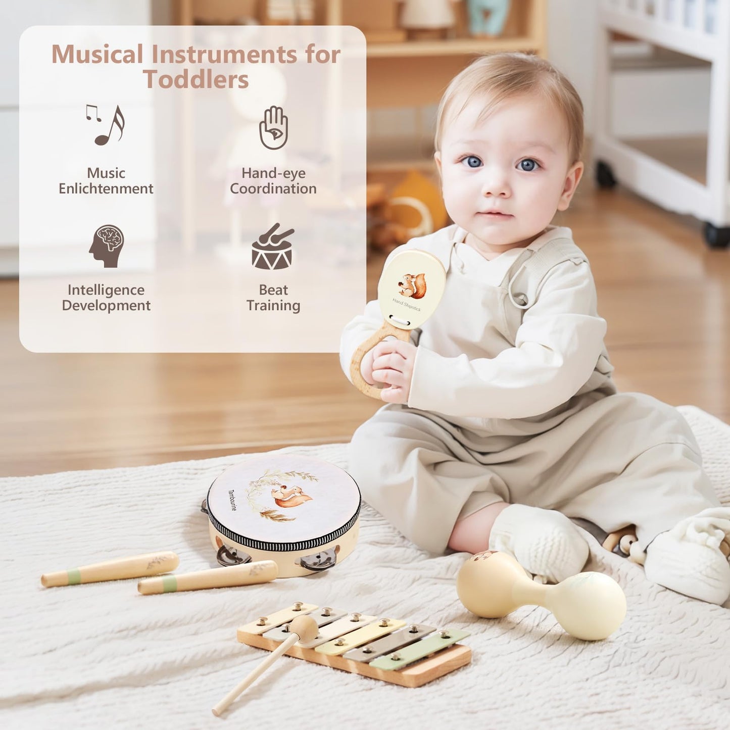 Toddler Musical Instruments | Baby Musical Toys Wooden Toys Educational Toys for Toddlers | Neutral Color Musical Instruments Se