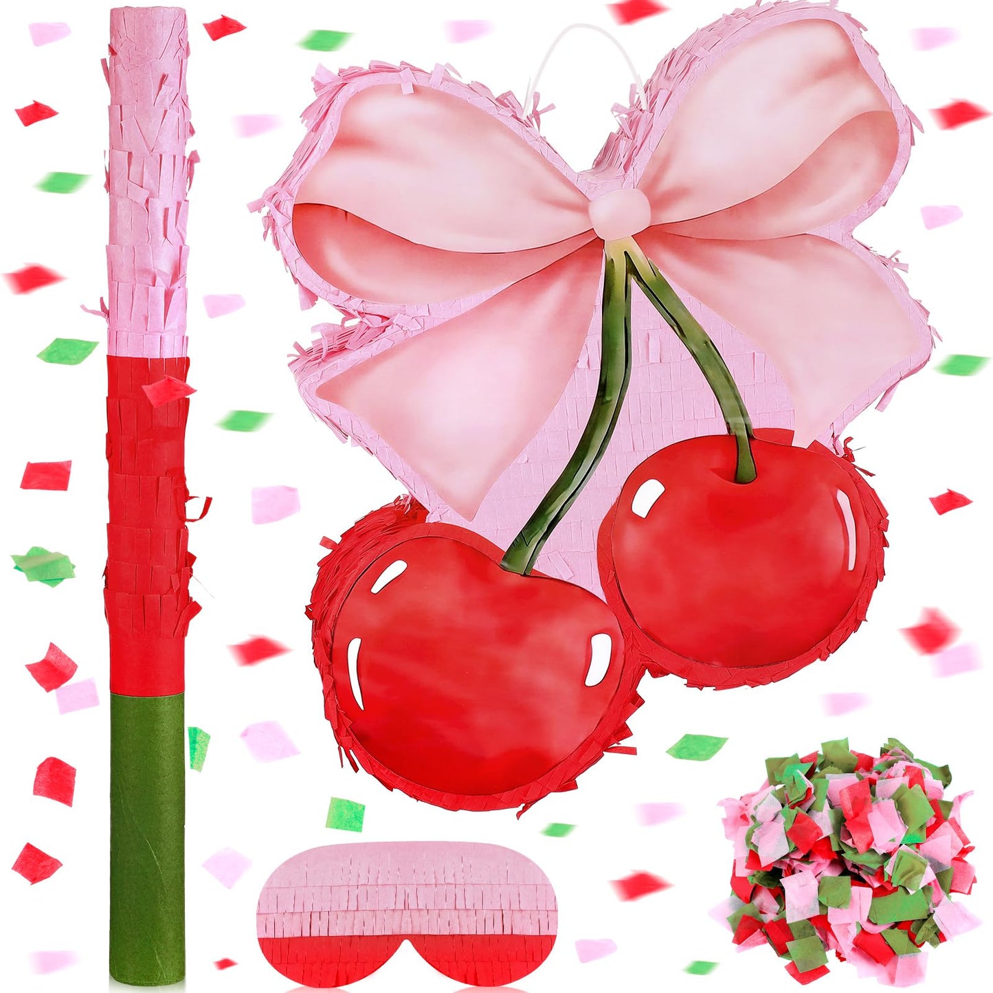 Feifeiya Coquette Pink Bow Cherry Piata Pink Girls Party Piata Bundle with a Blindfold, Bat and Confetti Birthday Coquette Party