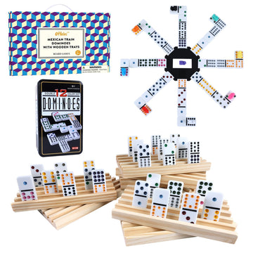 Offelec Mexican Train Dominoes Set, 91 Tiles Double 12 Game With 8 Wooden Racks/Trays, Tin Box, And Colorful Trains, Classic Dom