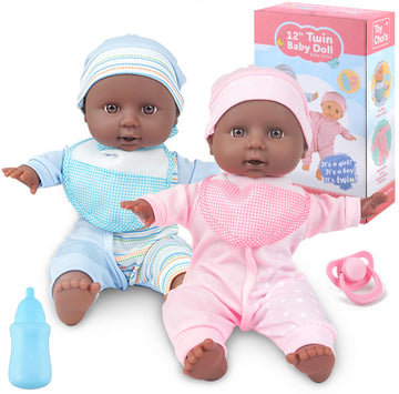 Toy Choi'S Twin Baby Dolls - 12 Inch Two Soft Black Body Babydoll With Rompers, Hat And Pacifier, Doll Bibs, Dolls Play Set For 2 3 4 5 Year Old Boys And Girls Gift