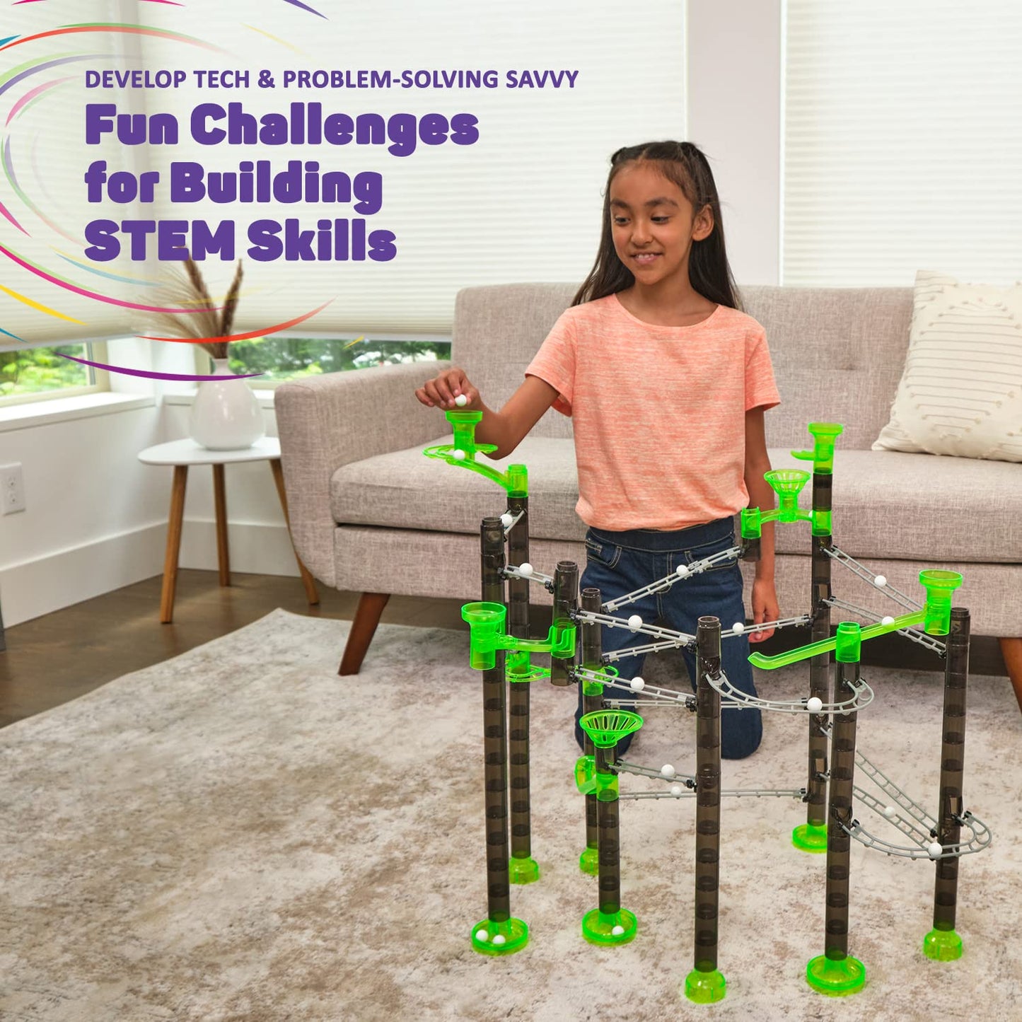 Marble Genius Marble Rails Super Set - 325 Piece Marble Run for Kids 8+, Plastic, Black/Neon Green/Silver, Model MG_RAILS_325