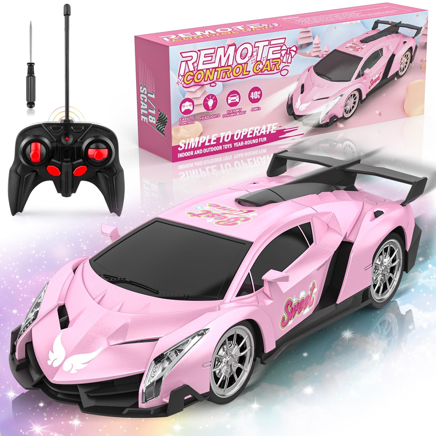 Growsland Remote Control Car for Girls, 1:18 Pink RC Cars Toys for Kids Girl Electric Vehicle Toy Car Hobby Racing Car with Ligh