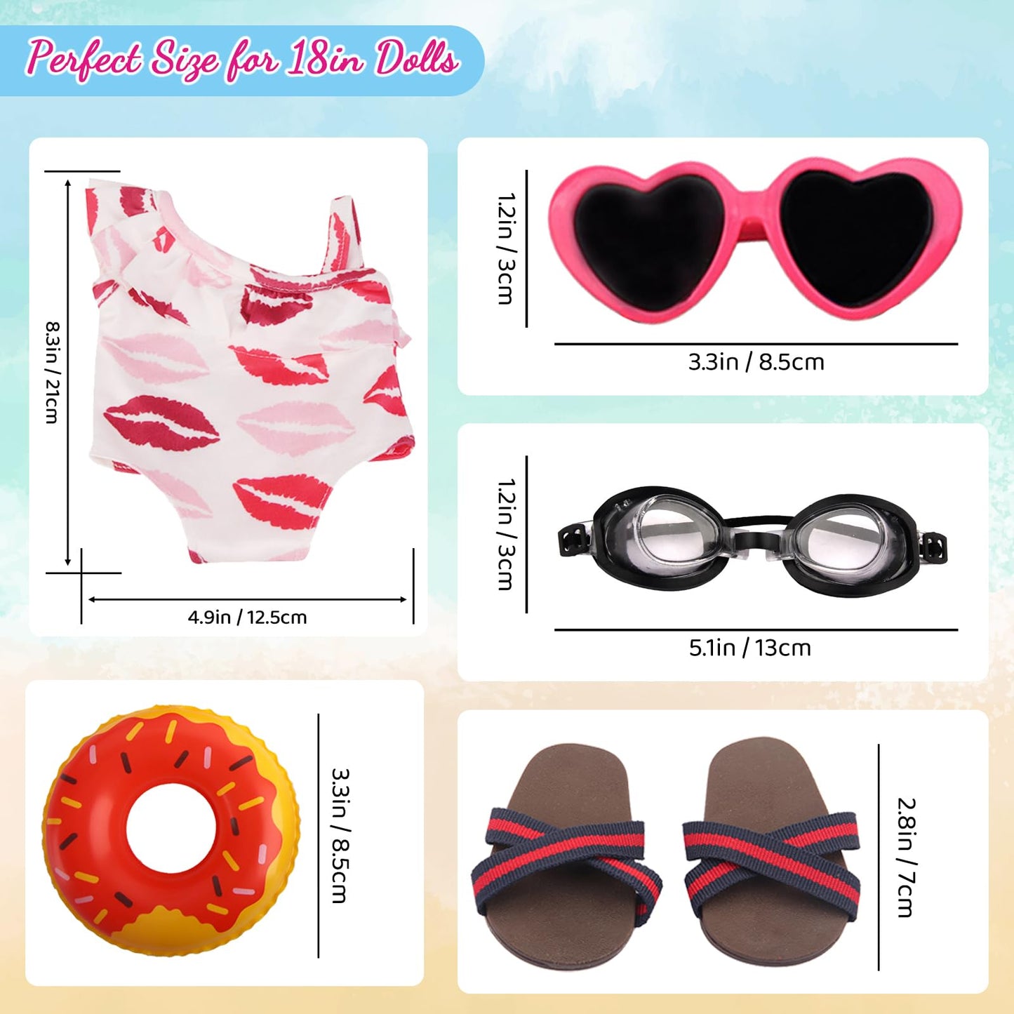 Msyo 18 Inch Doll Swim Accessories Set, Passionate Doll Beach Sunbathing Playset For American Doll Girls, Includes Doll Bikini Swimsuits, Heart-Shaped Sunglasses, Goggles, Sandals And Swimming Ring