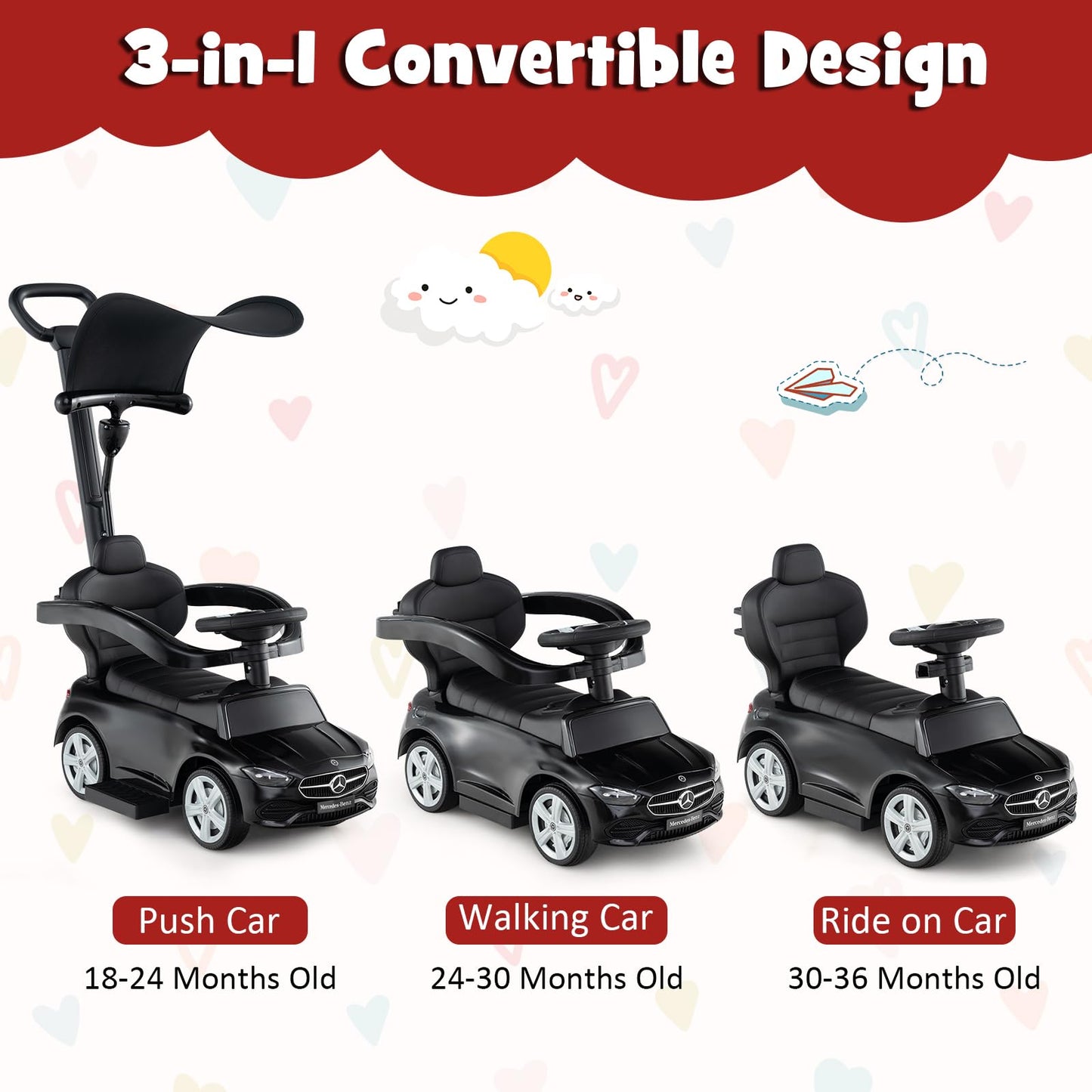 HONEY JOY Ride On Push Car, Licensed Mercedes-Benz Push Cars for Toddlers, Adjustable Canopy & Seat Storage, Horn, Toddler Push