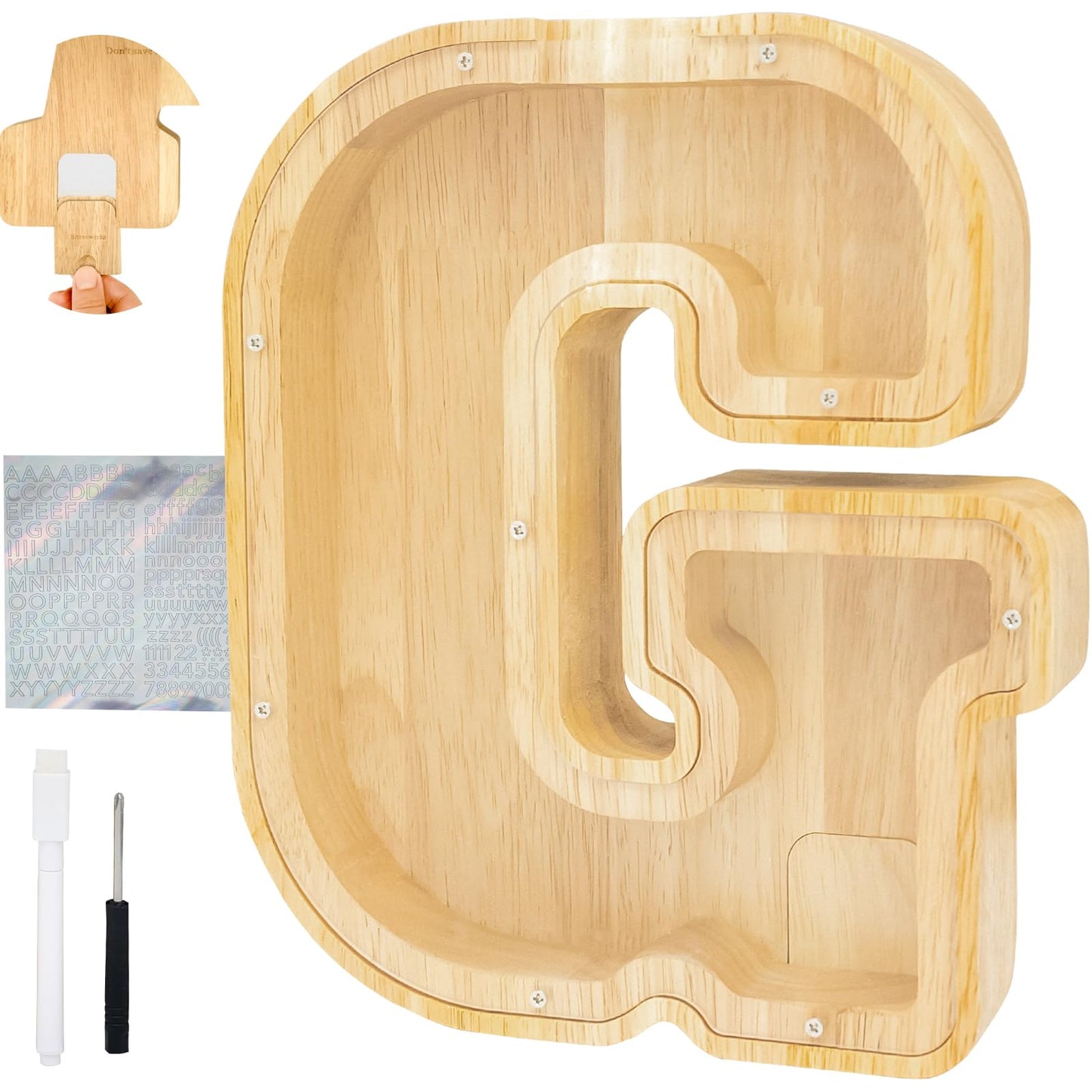 Bitreeworks Letter Piggy Bank, Personalized Wooden Coin Banks, Large Wood Money Peny Bank For Adults (9'', Alphabet G)