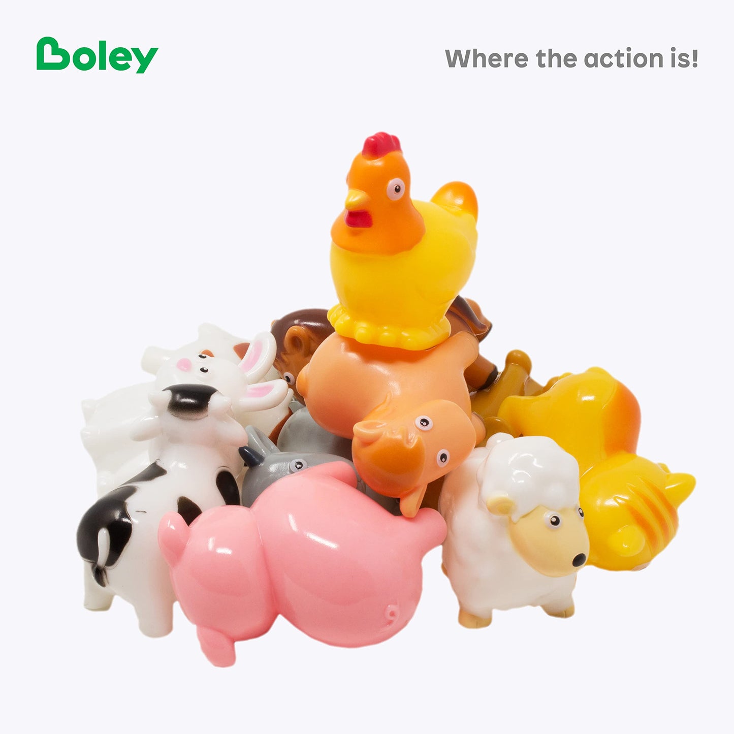Boley Farm Animals Bath Toys - 12 Colorful Plastic Pool Toys for Kids, Small, Multicolor, Model 75258