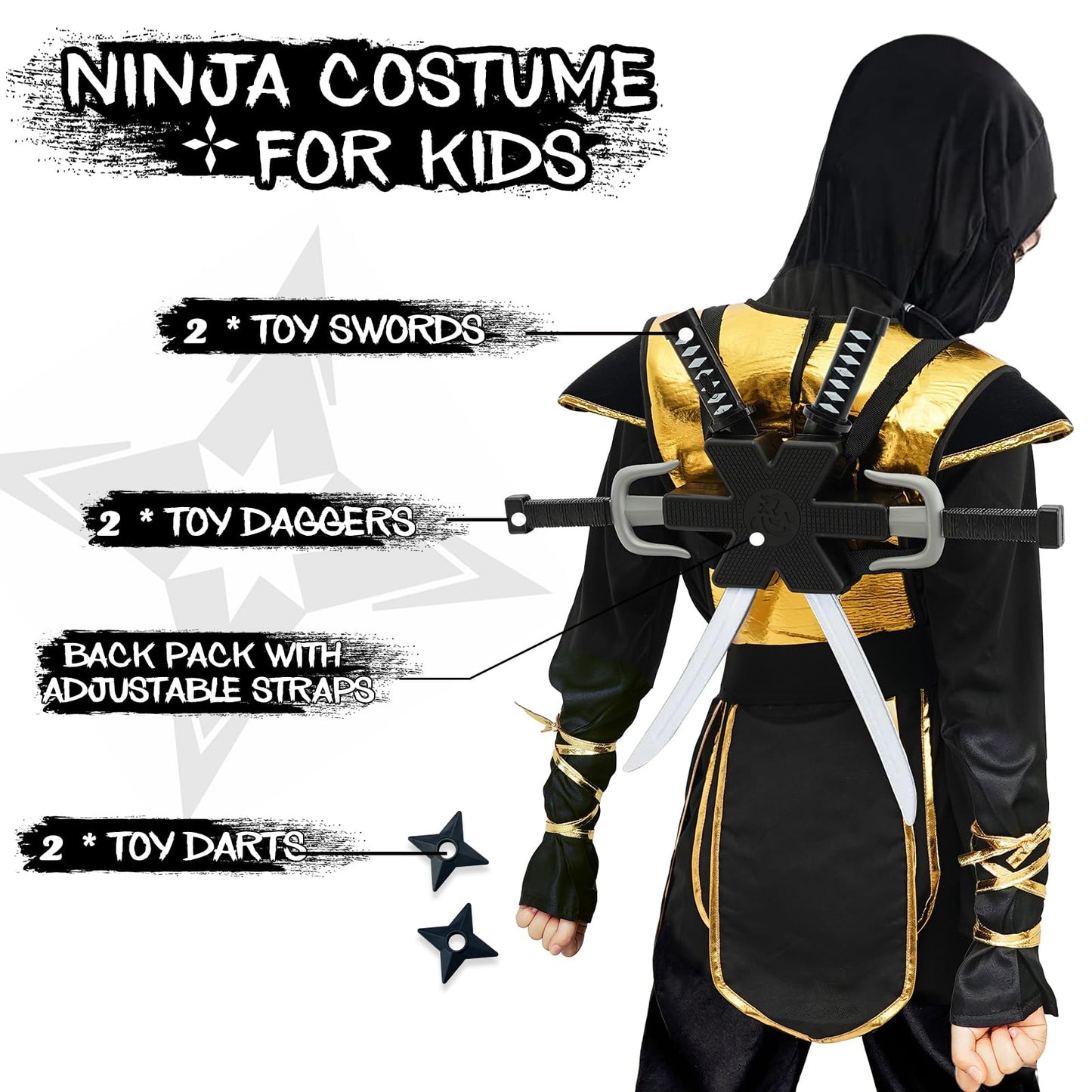 Digi Kids Halloween Ninja Costume For Boys,Golden Ninja Costume Set With Ninja Toys,Halloween Costumes For Kids 4-12T