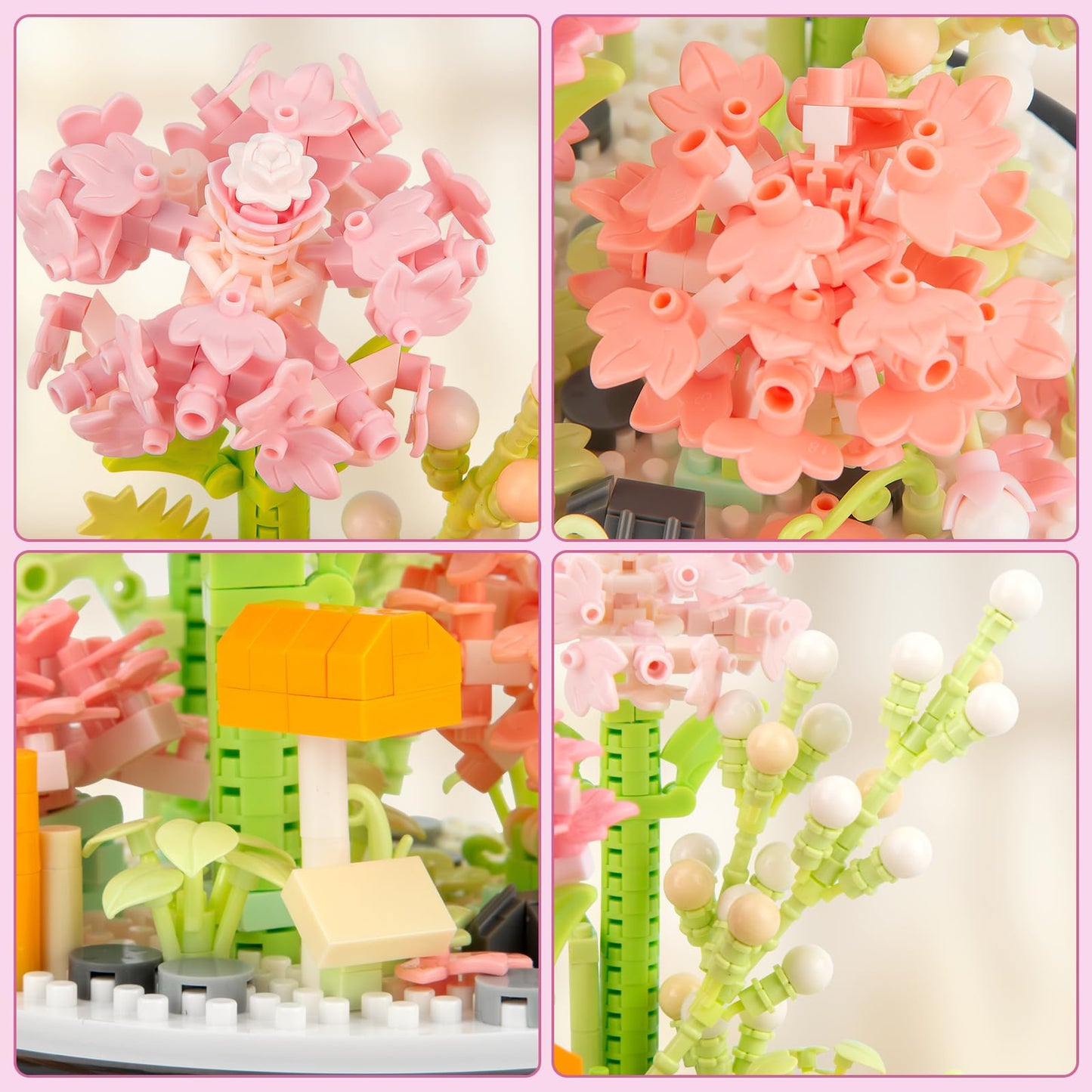 High Godo Flower Bouquet Building Set With Dust Cover, 624Pcs Pink Rose Bonsai Tree Collection Kit, Birthday For Mom Women Girlfriend Adults 12+