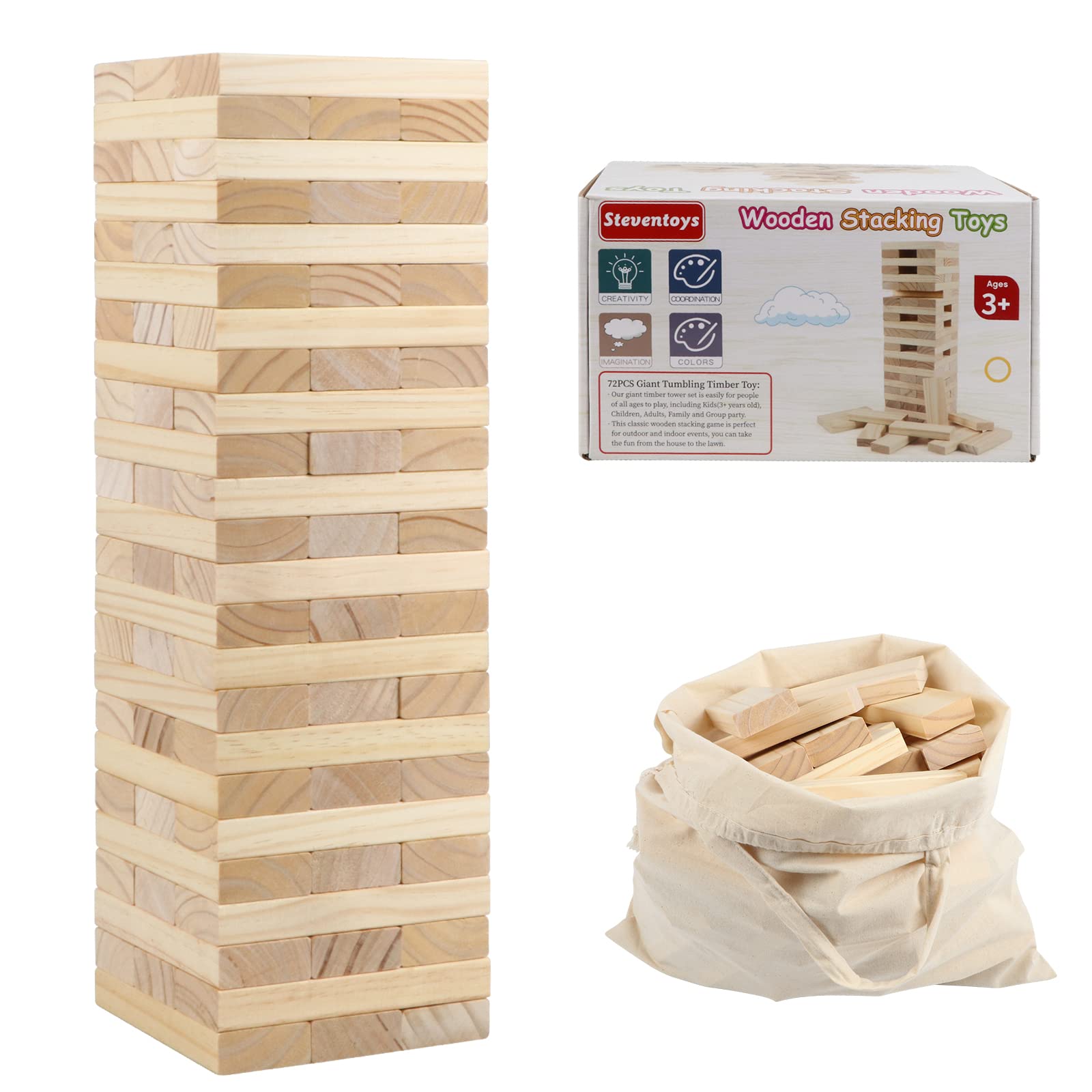 Steventoys 72Pcs Giant Timber Game With Storage Bag, Giant Tumble Tower Set From 1.57Ft To Over 3.6Ft, Wooden Stacking Games For Kids Adults And Family, Outdoor And Indoor Play