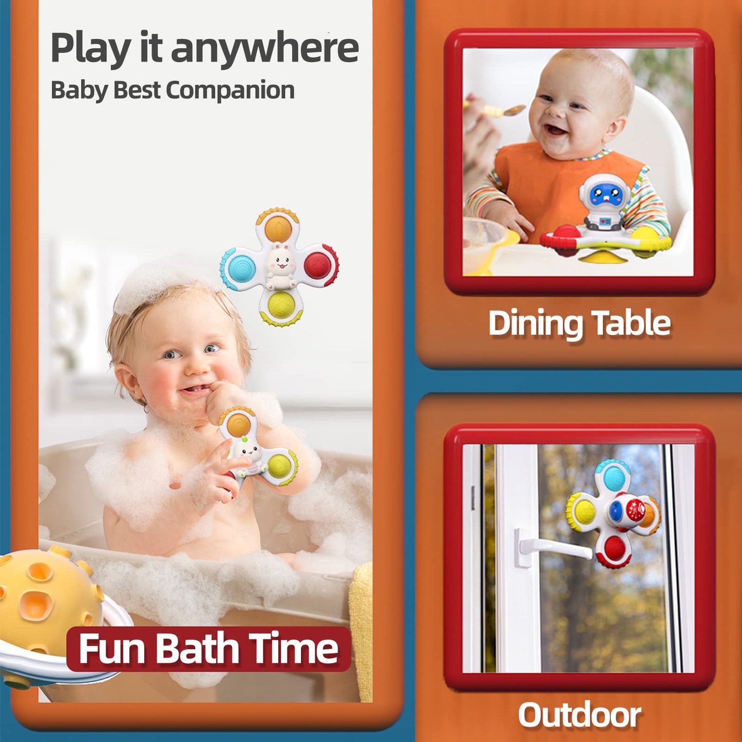 Baby Spinning Top Rattle Toys 3 Pcs, Suction Cup Infant Spinner Toy 12 Months+, Sensory Spin Bath Sucker, Travel Busy Teething Toy For Toddlers, Gifts For 1-3 Year Boy Girl(Group D)