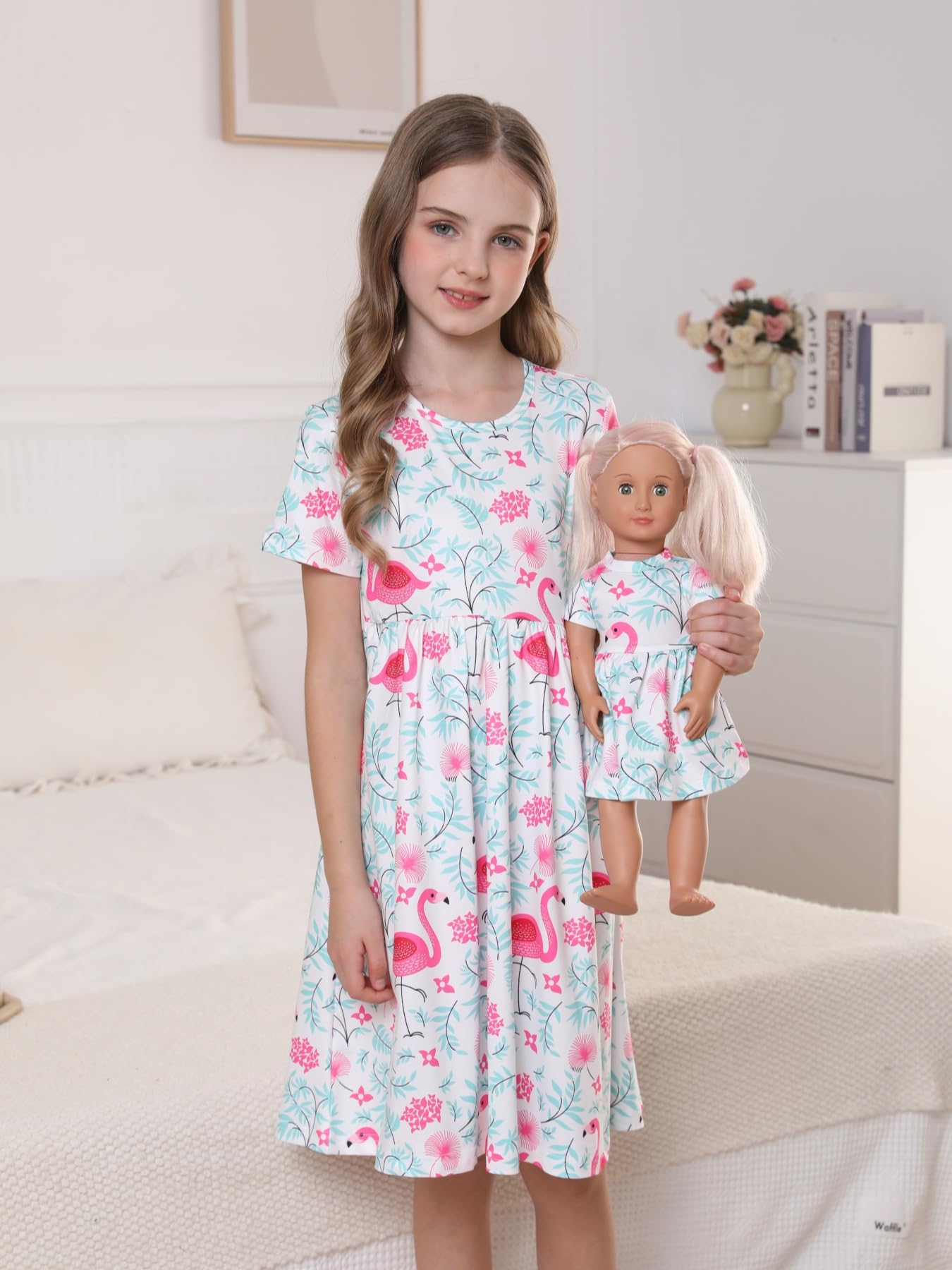 Bow Dream Girls Cute Pattern Dress And Matching American Girl Doll Clothes Accessories For Girls Flamingo Size 120