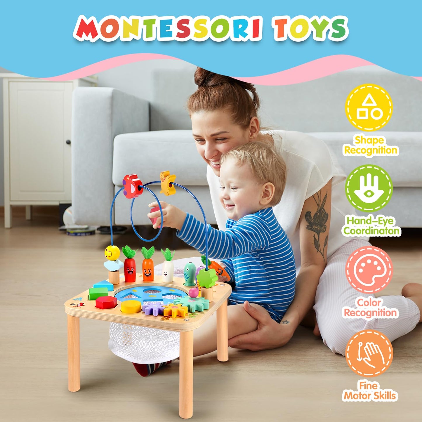 Oathx Activity Table For 1 Year Old, 6 In 1 Wooden Montessori Activity Center With Bead Maze Shape Sorter Fishing Game, Kids Sensory Play Table Toddler Toys 1St Birthday Gifts Boy Girl