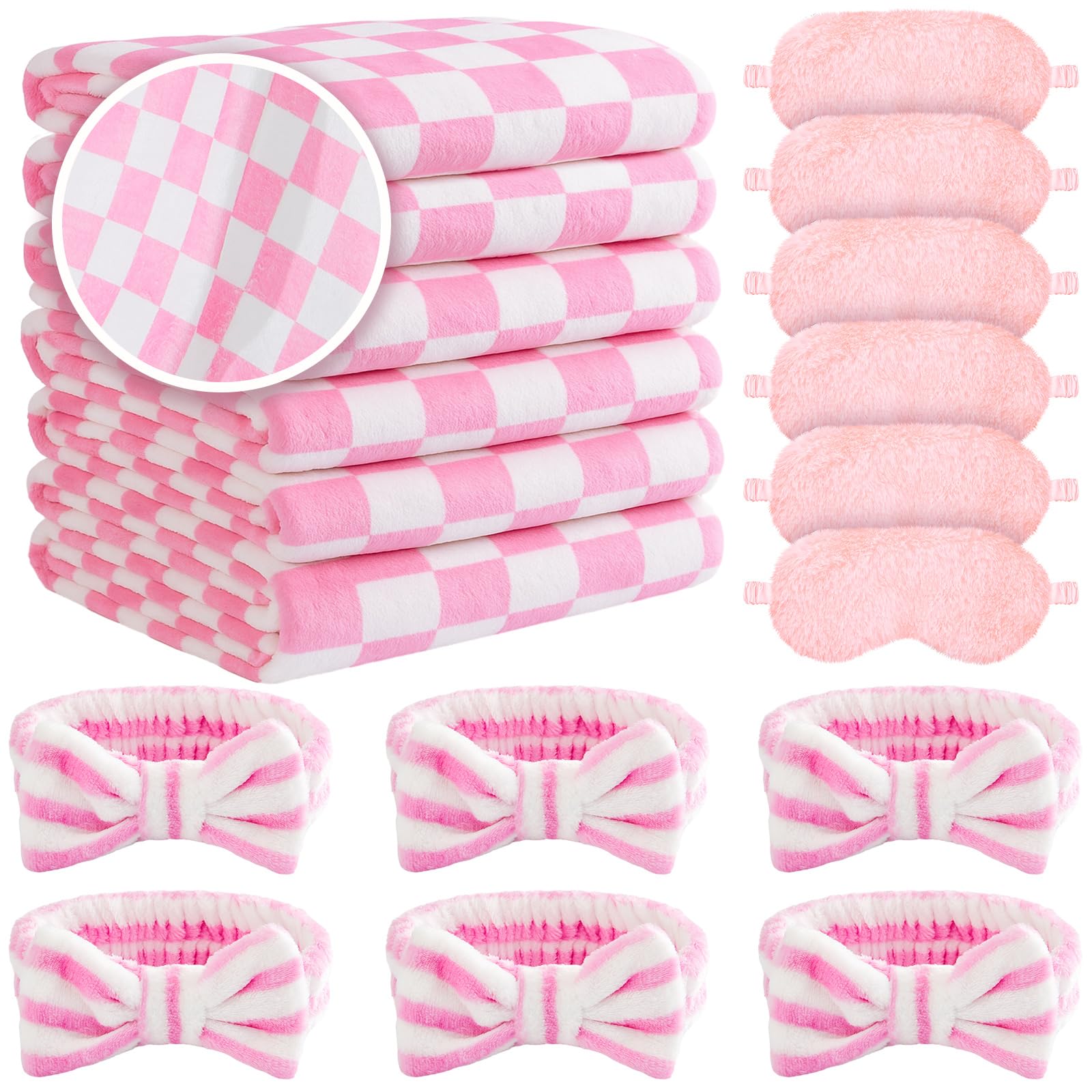 Fanfanwin 18 Pcs Sleepover Party Supplies for Girls, 6 Style Cute Pink Plaid Blanket 6 Coral Fleece Spa Headband 6 Plush Pink Ey