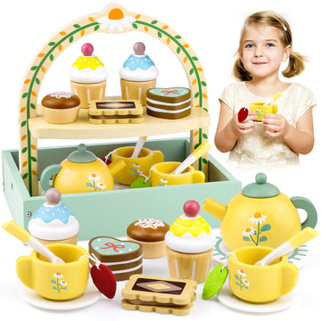 Wooden Tea Sets for Little Girls 1-3 Play Food Cake Toys Toddlers 3-5 Kitchen Accessories Pretend Play Princess Playset for 2 3 
