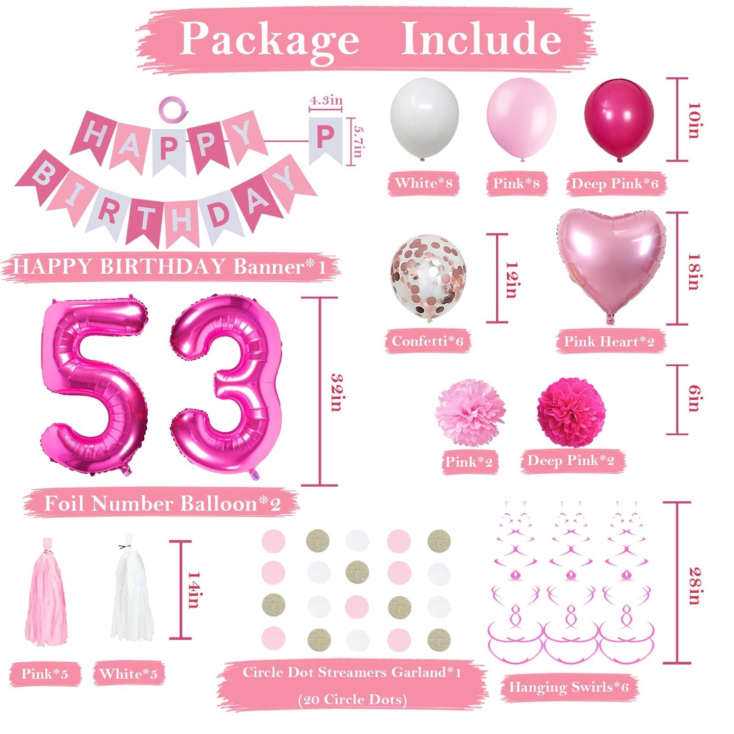 Sweet 53Rd Birthday Decorations For Women, Pink And White 53 Happy Birthday Balloons,53Rd Birthday Party Supplies Including Pink