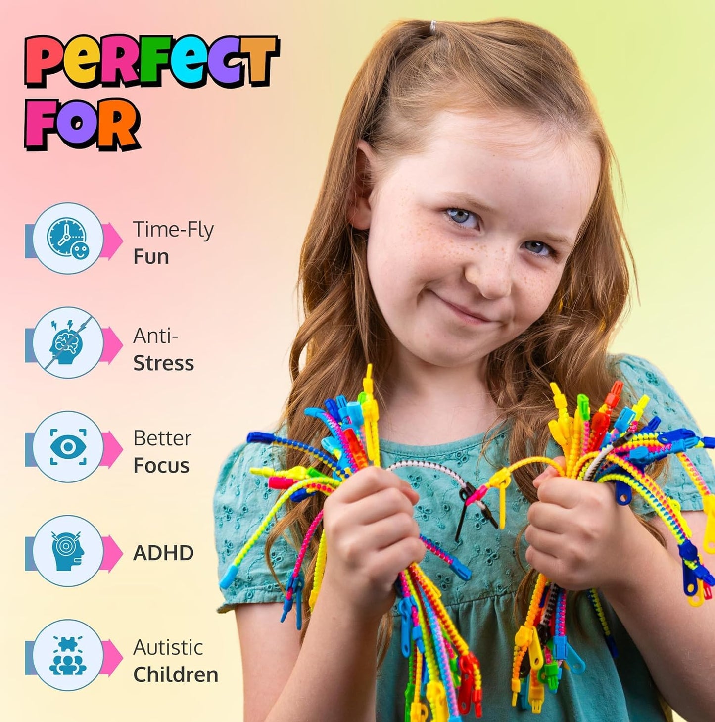 Upbrands 60 Party Favors For Kids, Friendship Zipper Bracelets 7 1/2” Sensory Bulk Set, Fidget Toys, Kit For Valentines, Birthday, Goodie Bags, Pinata Filler, Easter Egg Hunt Toys, Classroom Rewards