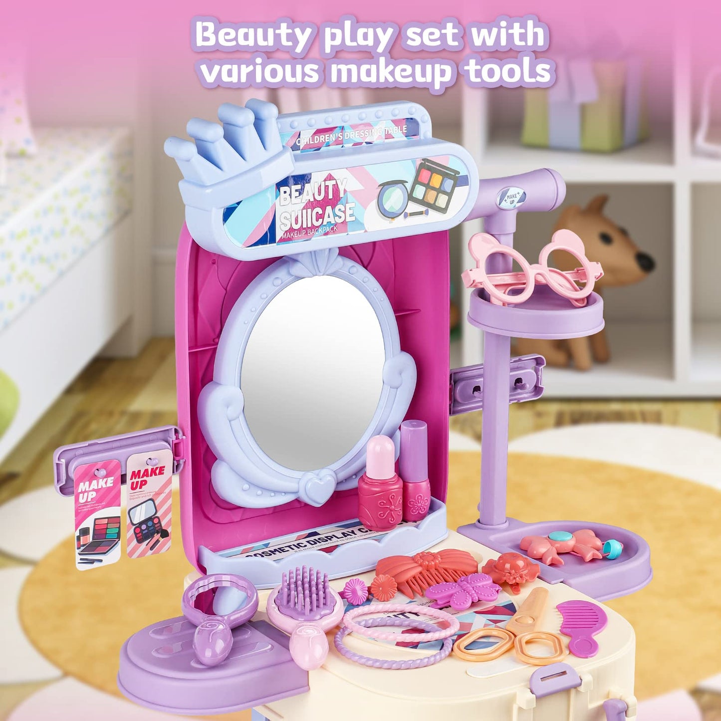 Deao 2 In 1 Makeup Table For Toddler Girls Vanity & Suitcase Set With Fashion Accessories Pretend Play Travel Suitcase Fashion B