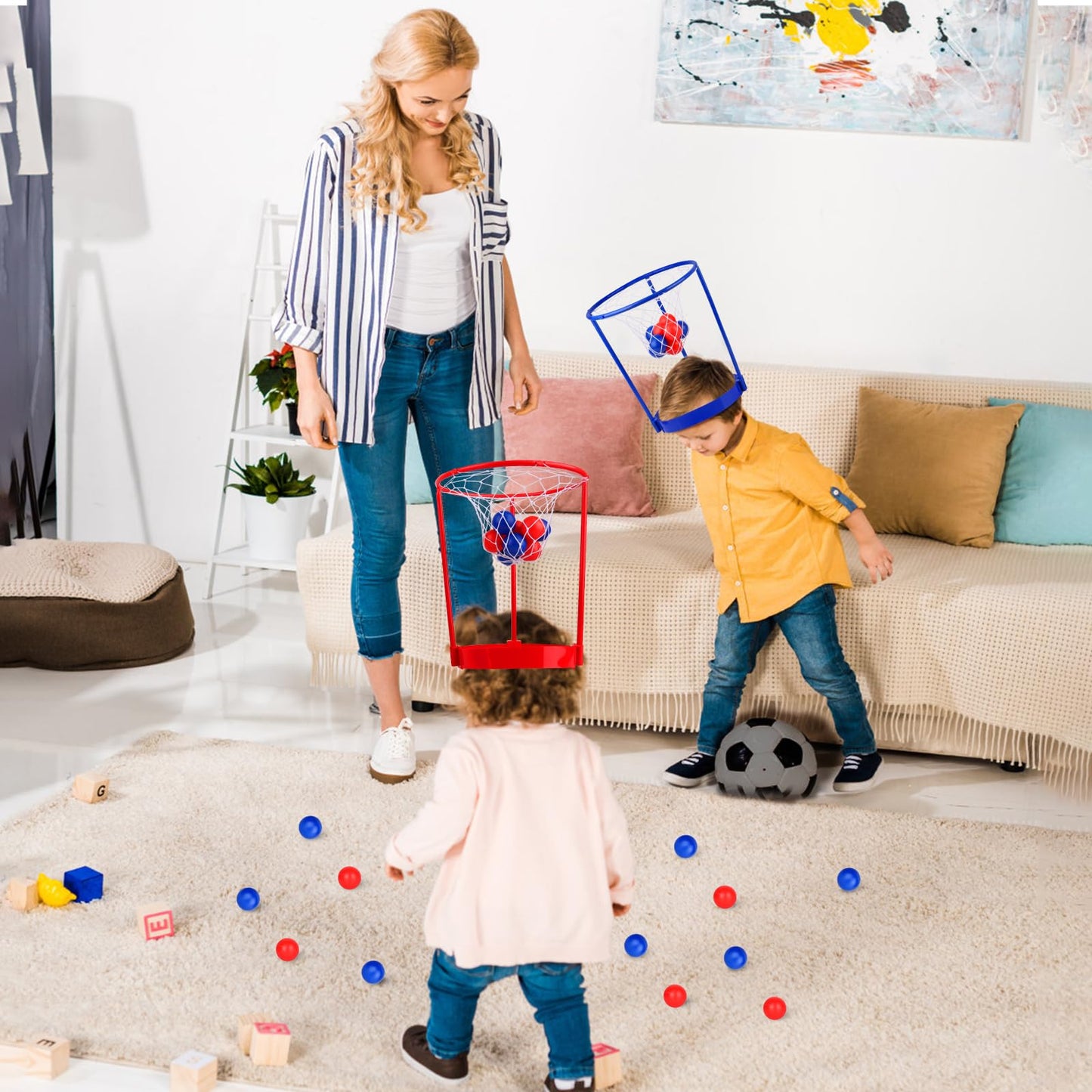 2 Pack Head Hoop Basketball Party Game For Kids And Adults Carnival Game Adjustable Basket Net Headband With 20 Balls For Carnival Party Birthday Party Family Indoor Outdoor Game (Red + Blue)