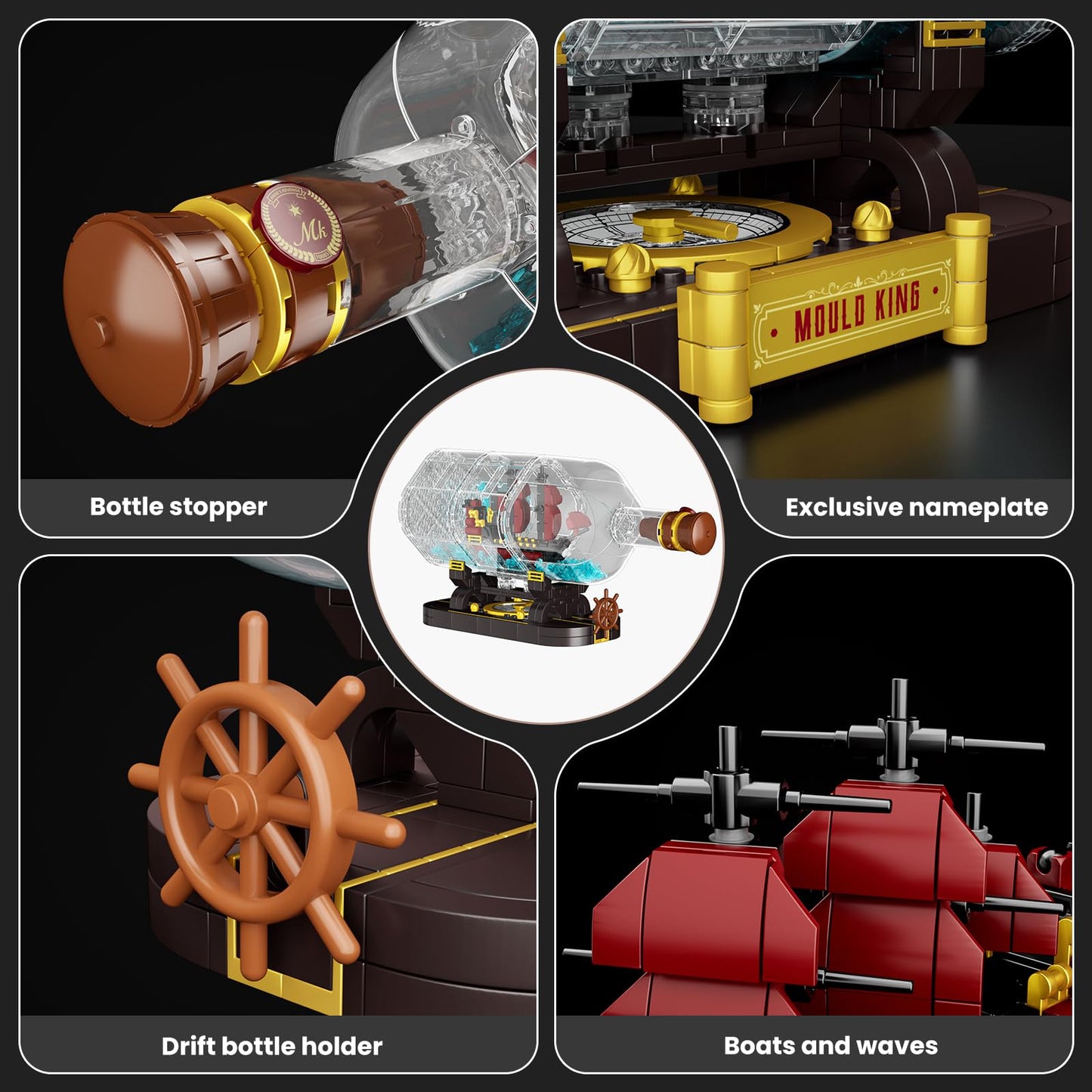 Mould King Ship In A Bottle Building Blocks Sets, 10085 Revenge Pirate Boat Model Kits Toys, Collectible Display Pirate Ship In A Bottle Kit, Stem Project For Adults And Kids Aged 8+ (885 Pieces)