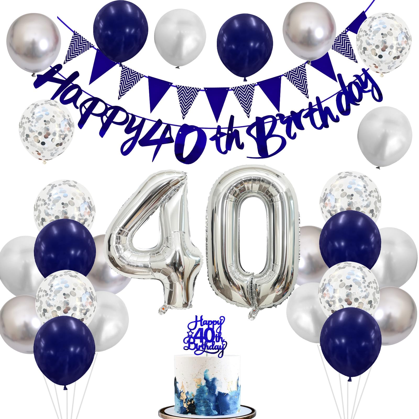 40Th Birthday Decorations For Men, Navy Blue Silver 40Th Birthday Balloons With Blue Happy 40Th Birthday Banner 40 Birthday Cake