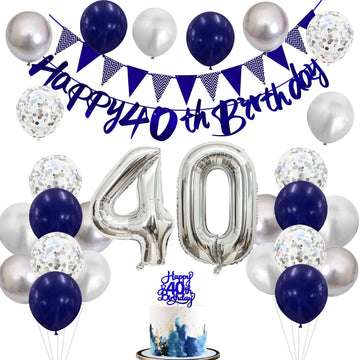 40Th Birthday Decorations For Men, Navy Blue Silver 40Th Birthday Balloons With Blue Happy 40Th Birthday Banner 40 Birthday Cake