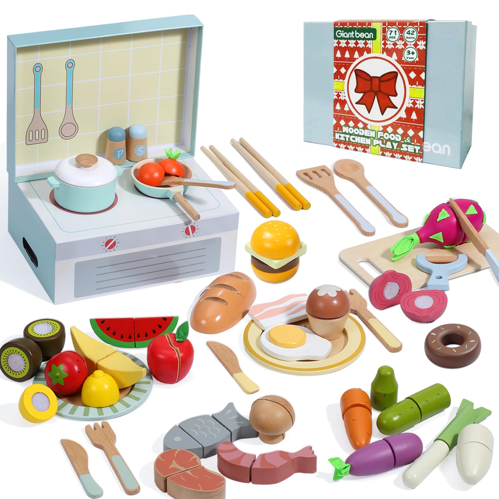 Giant bean Wooden Play Food Set, Play Kitchen Accessories, 78PCS Pretend Play Cooking Toy, Vegetables Fruits Cutting Toys, Play 