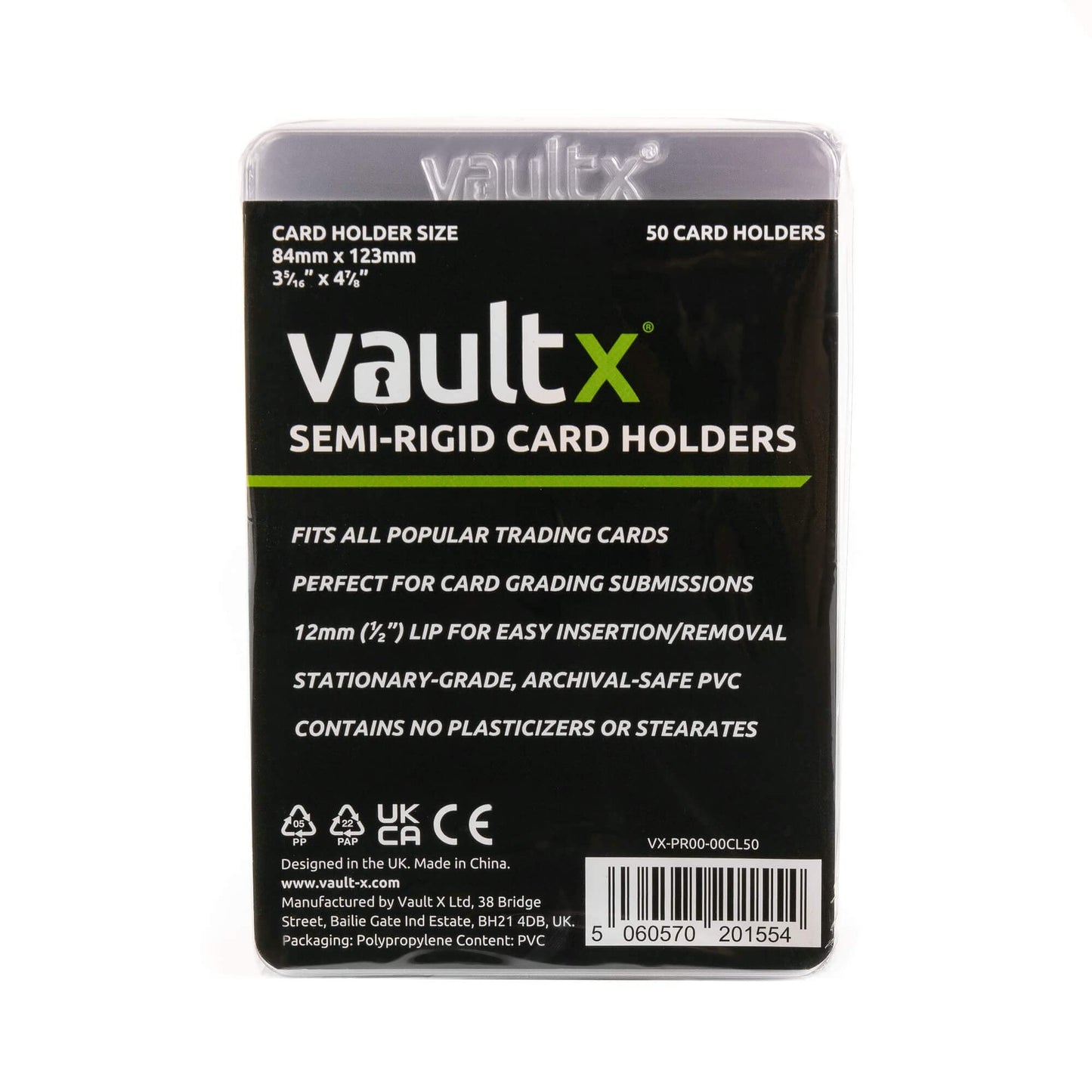 Vault X Semi-Rigid Trading Card Holders, 50 Pack, Clear Plastic Sleeves for TCG & Sports Card Grading, Model VX-PR00-00CL50