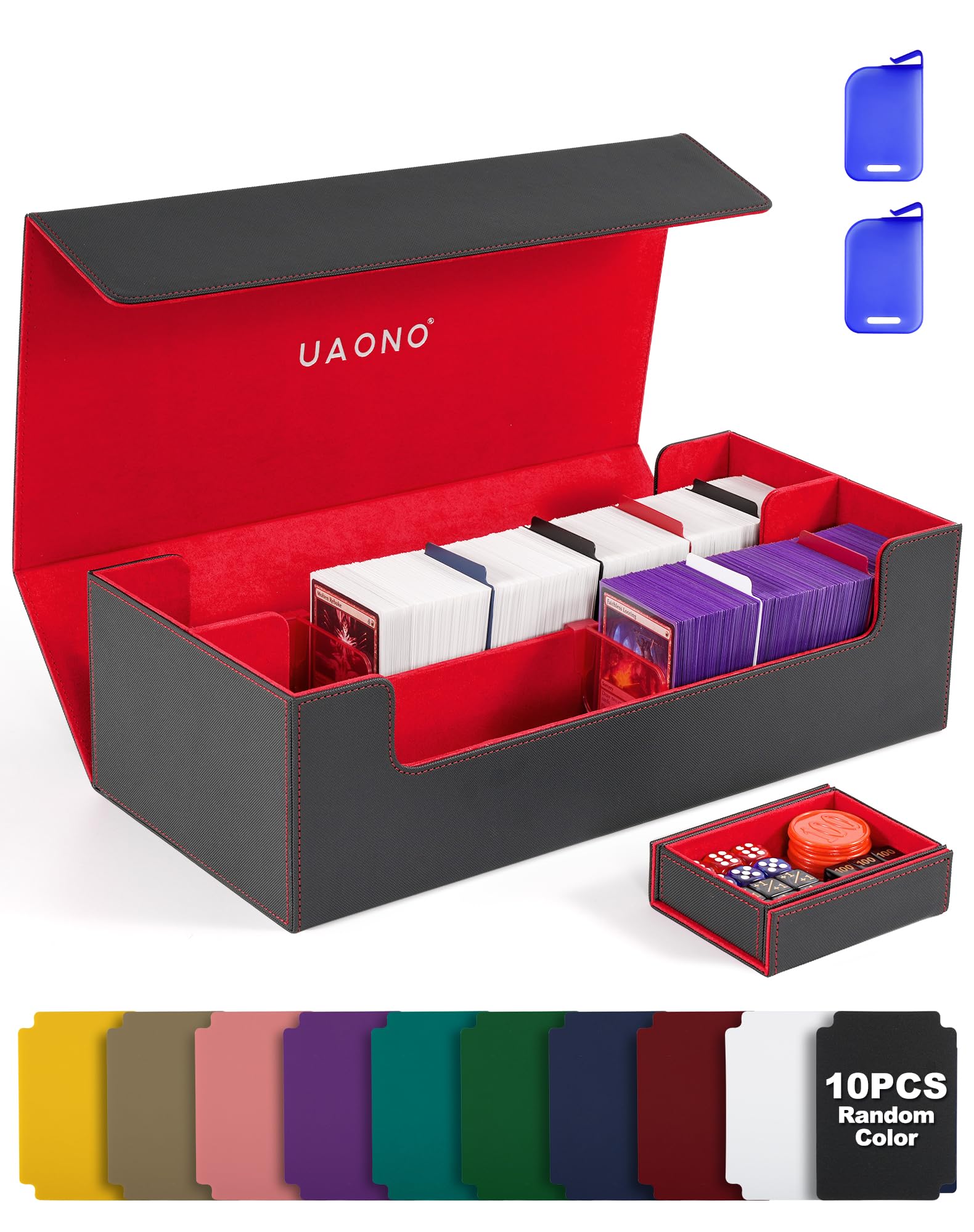UAONO Trading Card Storage Box for MTG  Fits 7 Pcs Small Commander Deck Box  Large Card Deck Case with Dice Box for TCG PTCG Magic Sports Cards Game Playmat (Black  Red)
