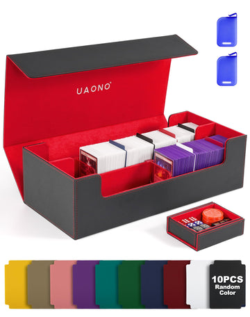 UAONO Trading Card Storage Box for MTG  Fits 7 Pcs Small Commander Deck Box  Large Card Deck Case with Dice Box for TCG PTCG Magic Sports Cards Game Playmat (Black  Red)