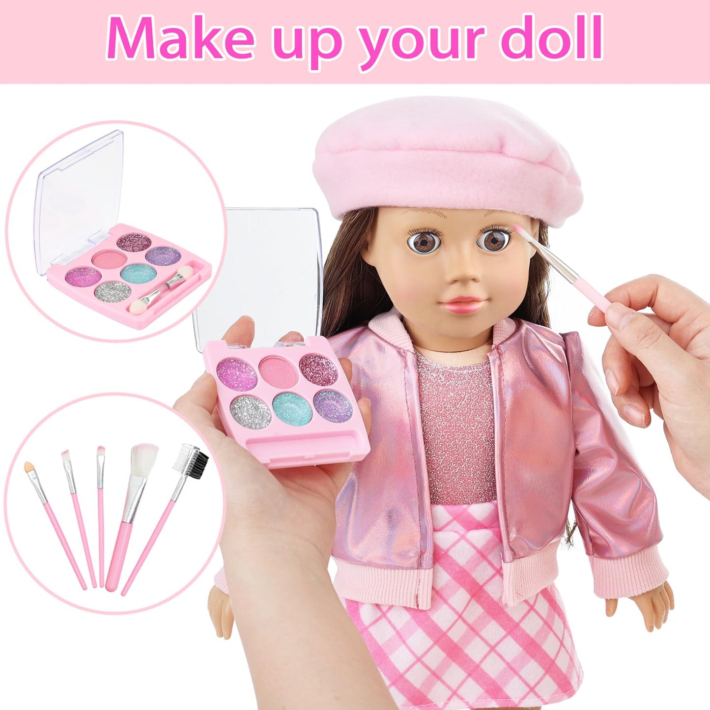 Ecore Fun 17-Piece 18 Inch Doll Accessories Cosmetic Set With Backpack & Outfits | Pretend Play Makeup Kit For 18'' Dolls | Incl