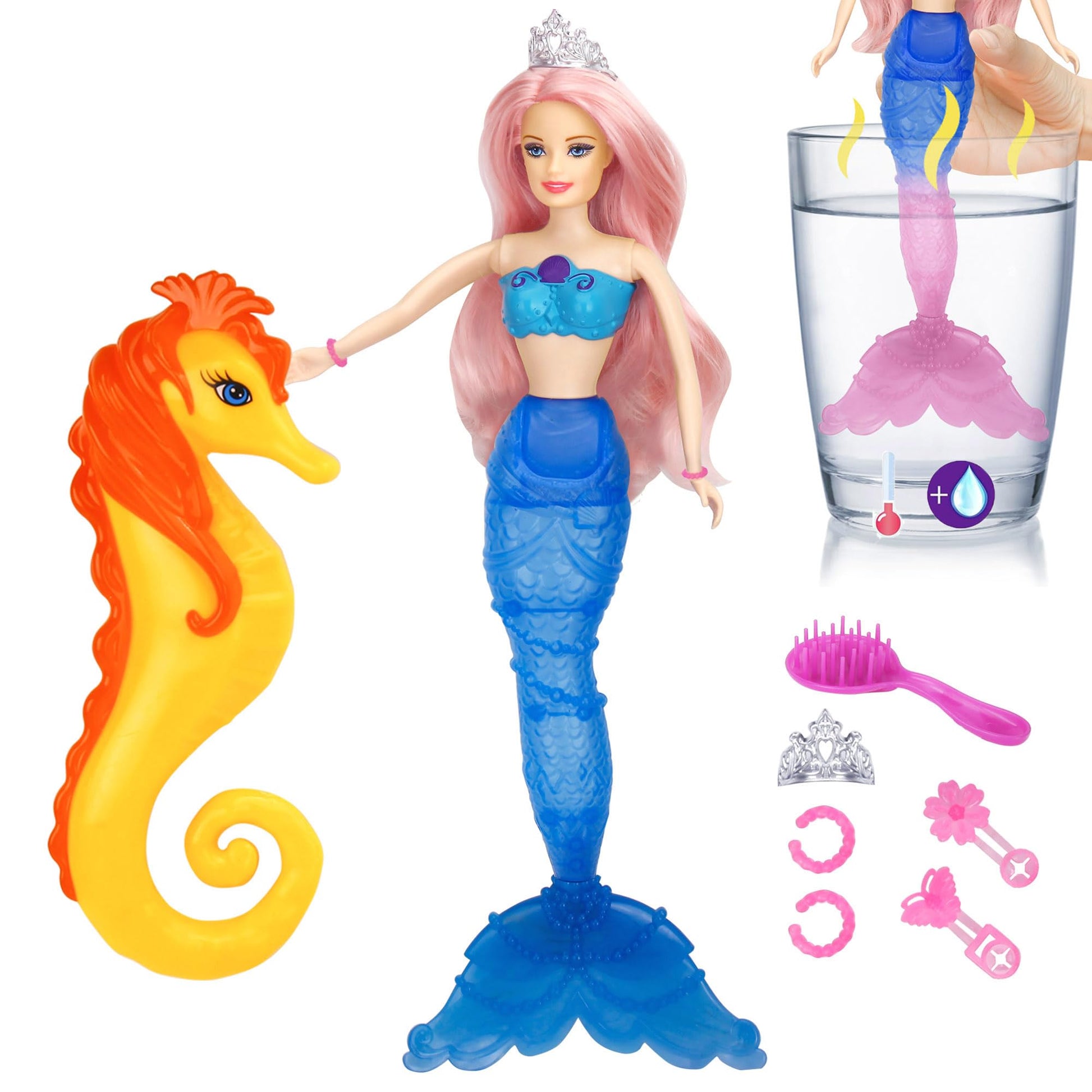 BETTINA Magic Color Changing Mermaid Doll, Princess Mermaid Toy with Seahorse & Dolls Accessories - Vibrant Pink Hair and Transf