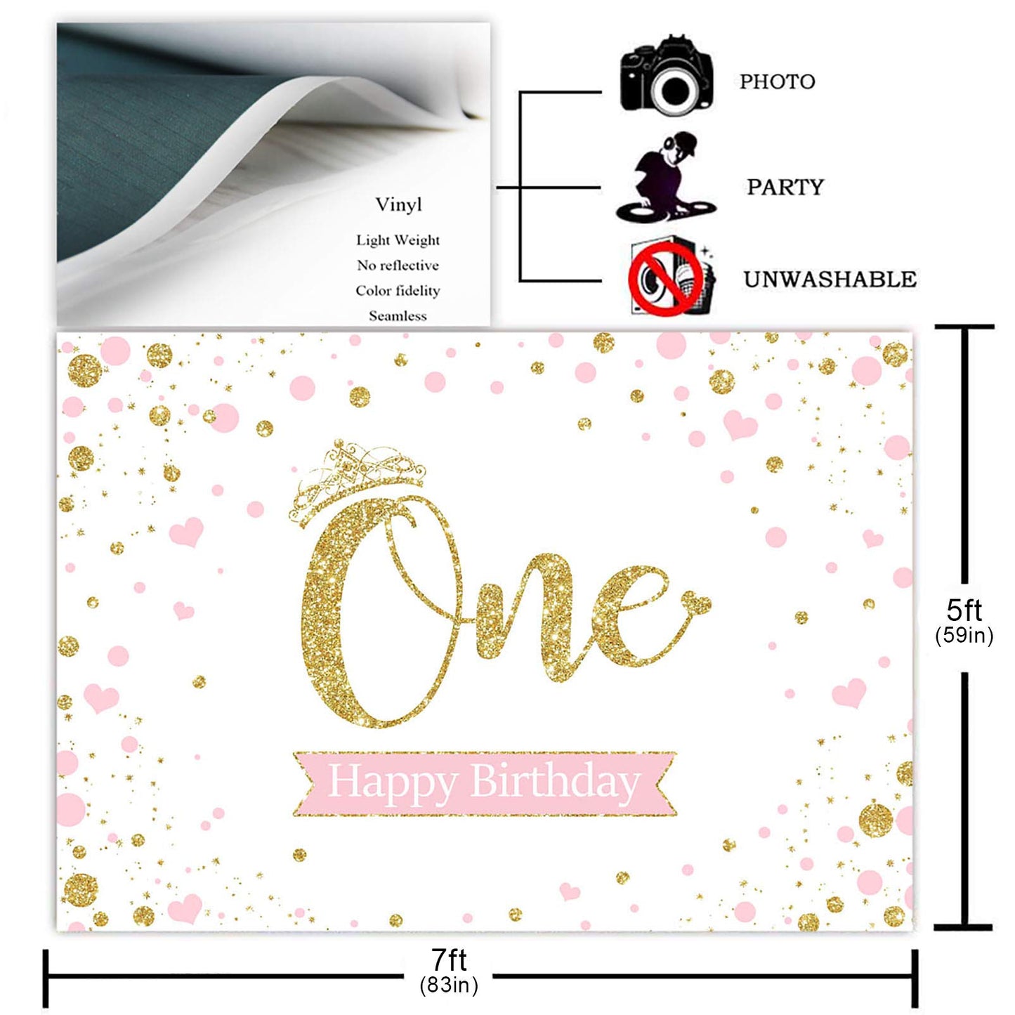 Avezano 1St Birthday Backdrop For Girl Pink And Gold Princess Birthday Party Photoshoot Crown Glitter Confetti Baby First One Ha