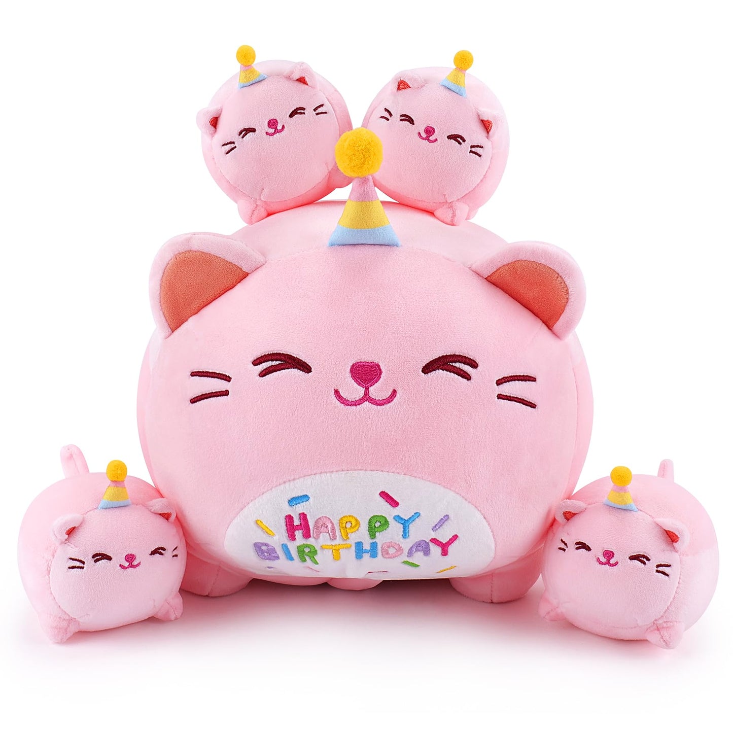 Pink Birthday Cat Plush, 5 PCS Cat Plush Stuffed Animal Family, 16'' Pink Cat Mommy White Cat with 4 Baby Kittens Cat Plushies,K