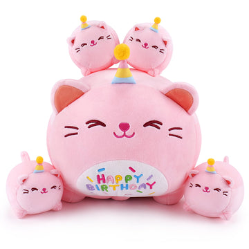 Pink Birthday Cat Plush, 5 PCS Cat Plush Stuffed Animal Family, 16'' Pink Cat Mommy White Cat with 4 Baby Kittens Cat Plushies,K