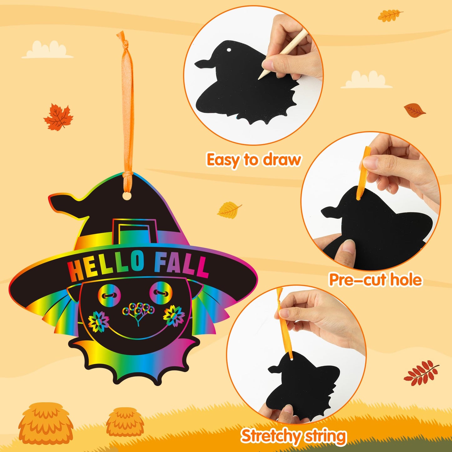 WATINC Fall Scarecrow Scratch Cards - 60pcs Autumn Scratch Art Crafts Kit for Kid, DIY Magic Animal Hanging Paper, Harvest Thank