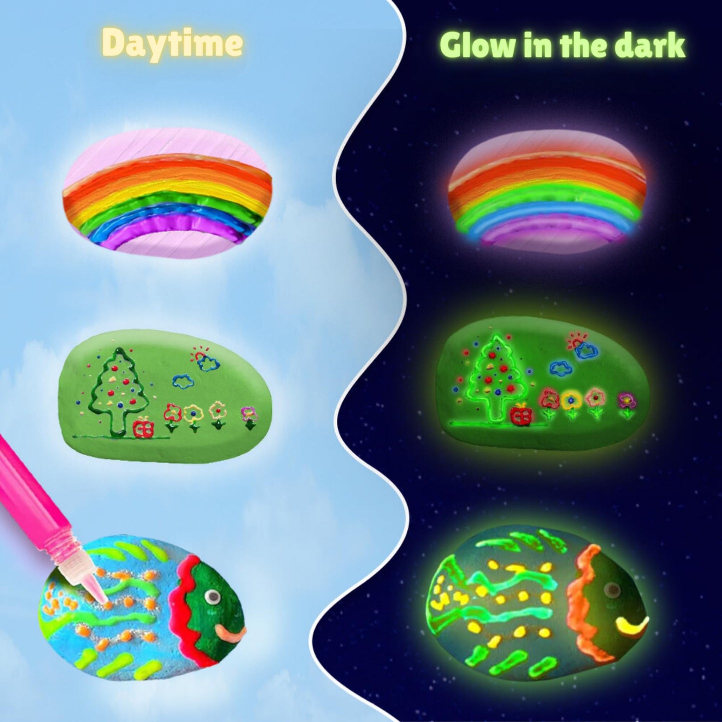 Rock Painting Kit for Kids 6-12 - Glow in The Dark Rock Painting Crafts Set, Arts and Crafts for kids ages 8-12, Stencils for Pa