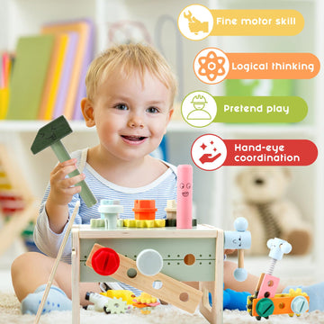Asweets Kids Tool Set, Wooden Toddler Tool Bench with Box, Montessori STEM Educational Pretend Play Construction Toys, Birthday
