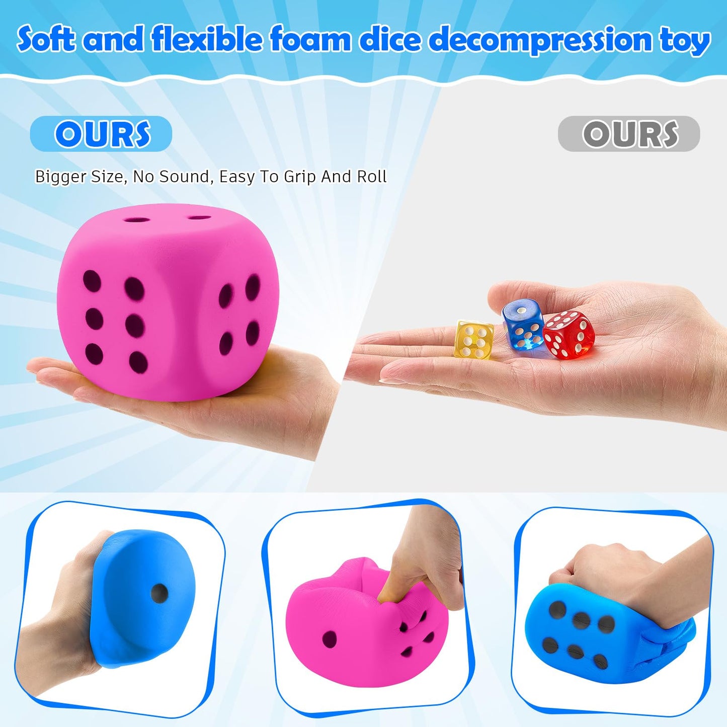 Zomiboo 2 Pcs Large Foam Dice Stress Balls Soft Jumbo 6 Sided Giant Dice Educational Learning Squeeze Anxiety Relieve Toy Gifts