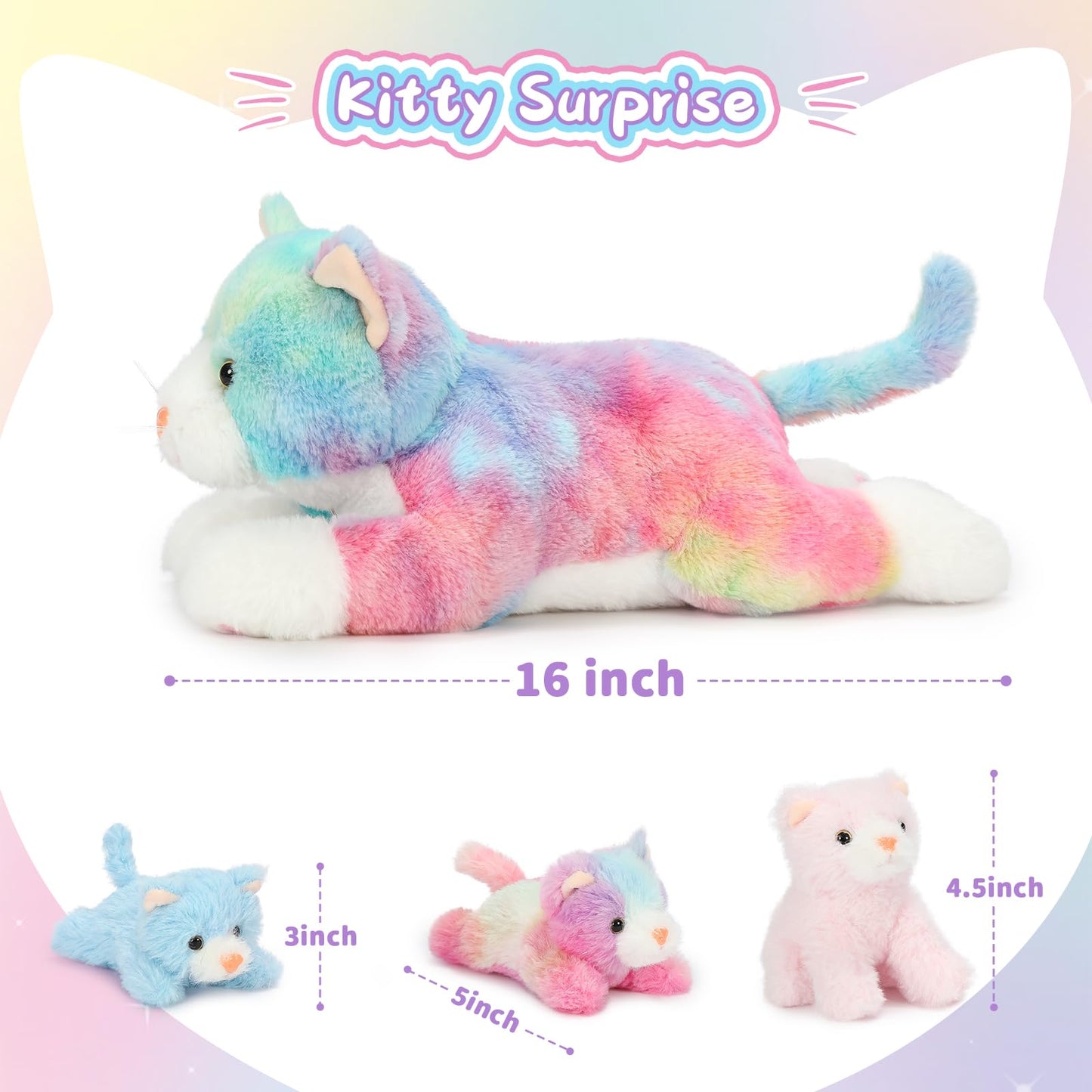 Muiteiur 4 Piece Cats Stuffed Animals, 15.7 Inch Mom Plush Cat With 3 Kittens Stuffed In Zipper Pouch, Cute Rainbow Mom And Baby