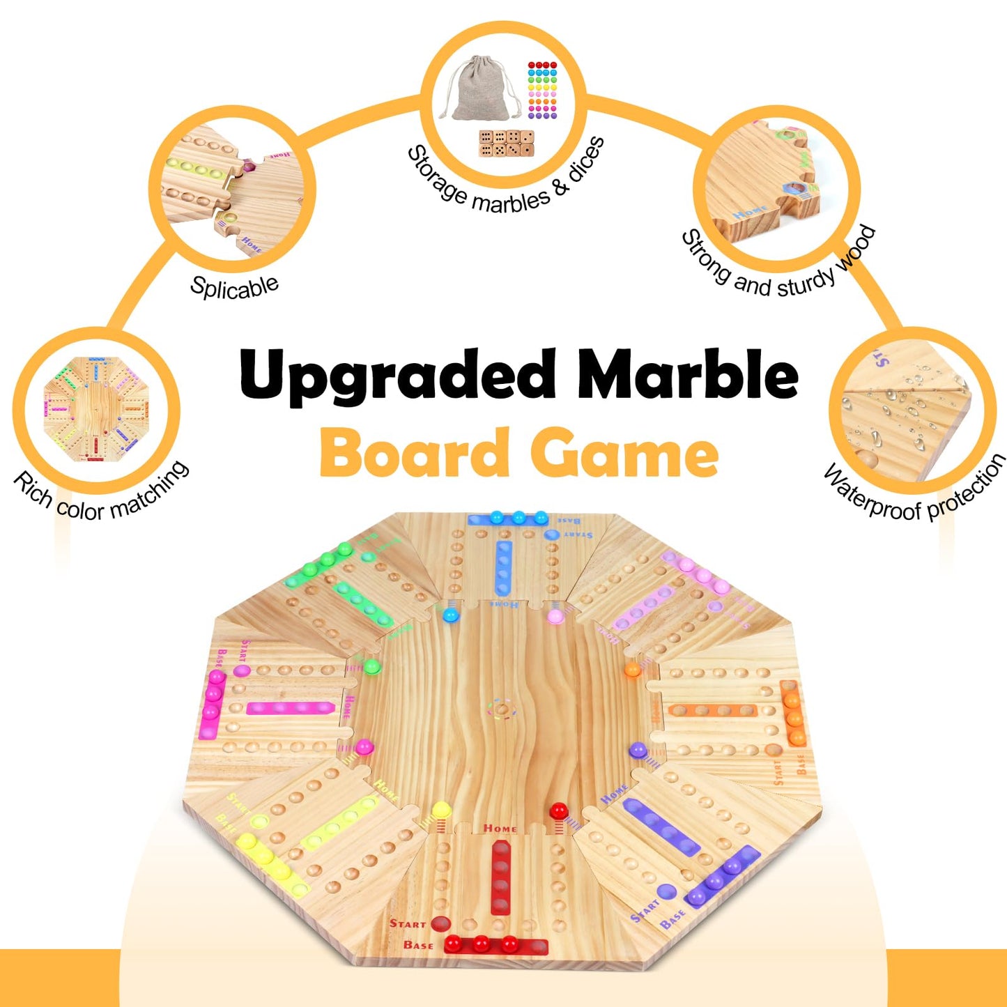 Marble Game Board Wooden, 24'' Large Size Detachable Fast Track Board Game For 2-8 Players, Classic Marble Game With 32 Marbles
