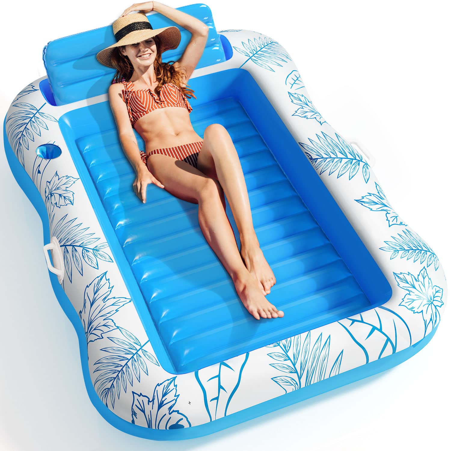 Inflatable Adult Pool Lounger Float - Baiai Large Beach Sun Tanning Floats Raft Sunbathing Water Lounge Floaties Tub With Drink Holder - Blow Up River & Lake Suntan Floating Swimming Mattress Mat