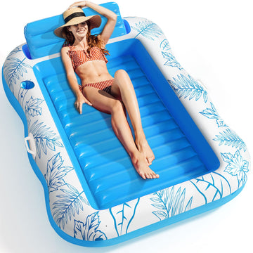 Inflatable Adult Pool Lounger Float - Baiai Large Beach Sun Tanning Floats Raft Sunbathing Water Lounge Floaties Tub With Drink Holder - Blow Up River & Lake Suntan Floating Swimming Mattress Mat