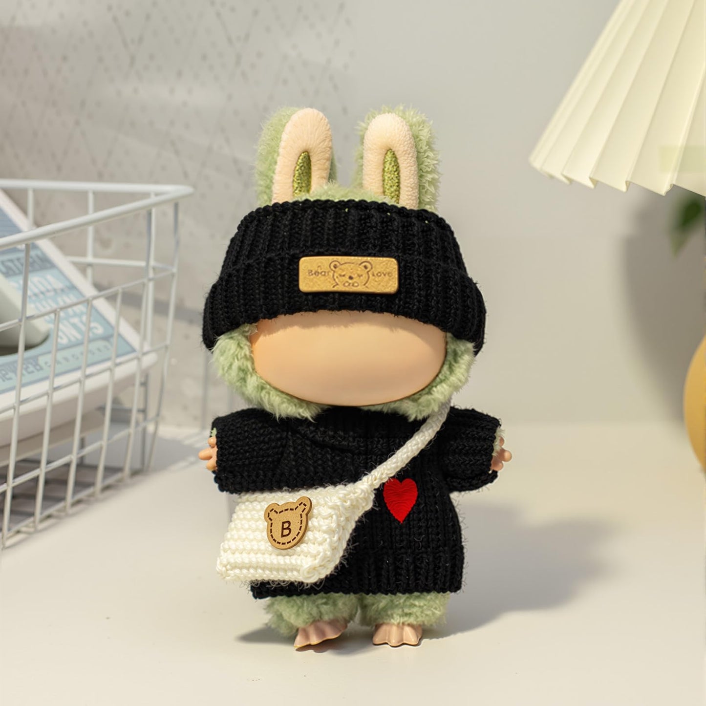 Clothes for LABUUB Doll (NO Doll)  Handcrafted Crochet 3-Piece Set for Doll Accessories  enhanced Outfit - Heart Sweater + Hat + Bag  Cute Clothes for Dress up Unique Style (Black)