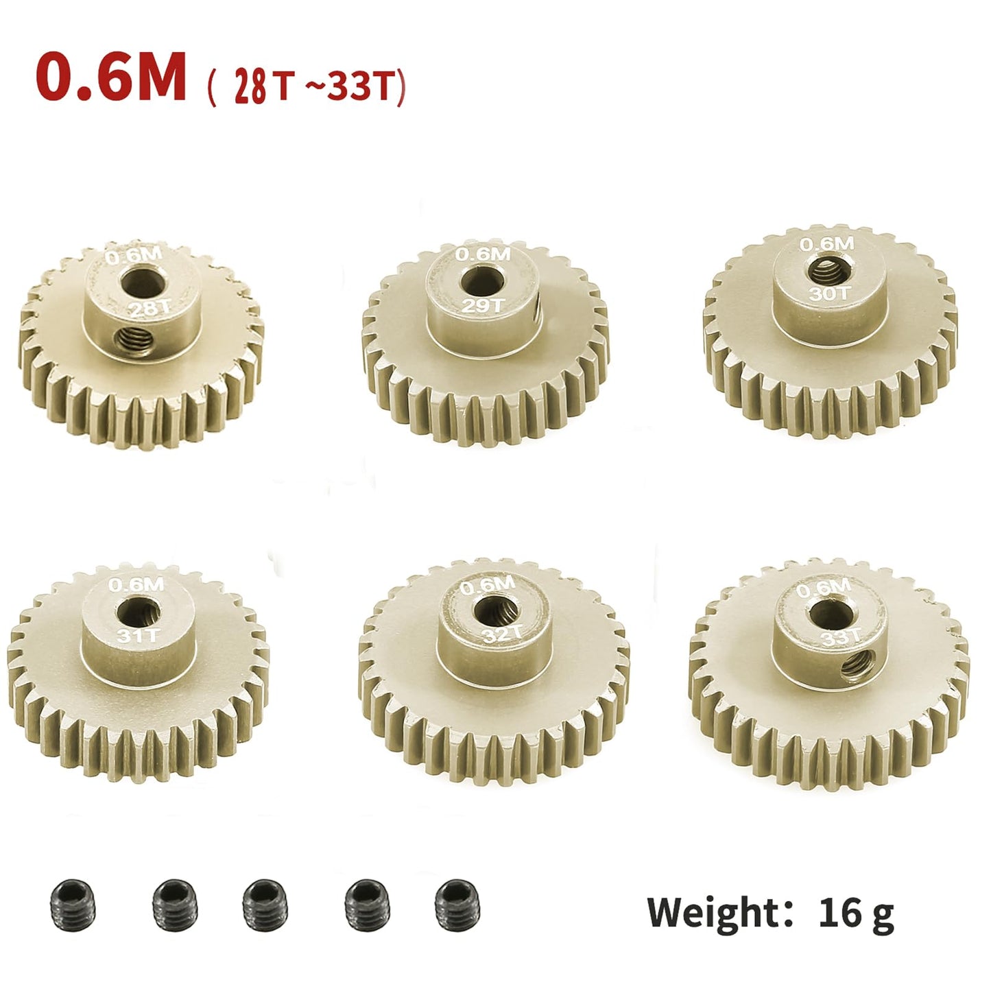 M0.6 Pinion Gear Set 3.175Mm 28T 29T 30T 31T 32T 33T 6Pcs 7075 Aluminum Alloy Metal Pinion Motor Gear For 1/10 Rc Car Brushed Br