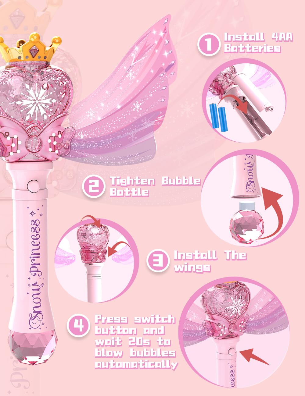 Bubble Wand For Kids Girls - Automatic Bubble Machine With Led Light Music, Include 2 Bubble Solutions, Outdoor Party Easter Bir